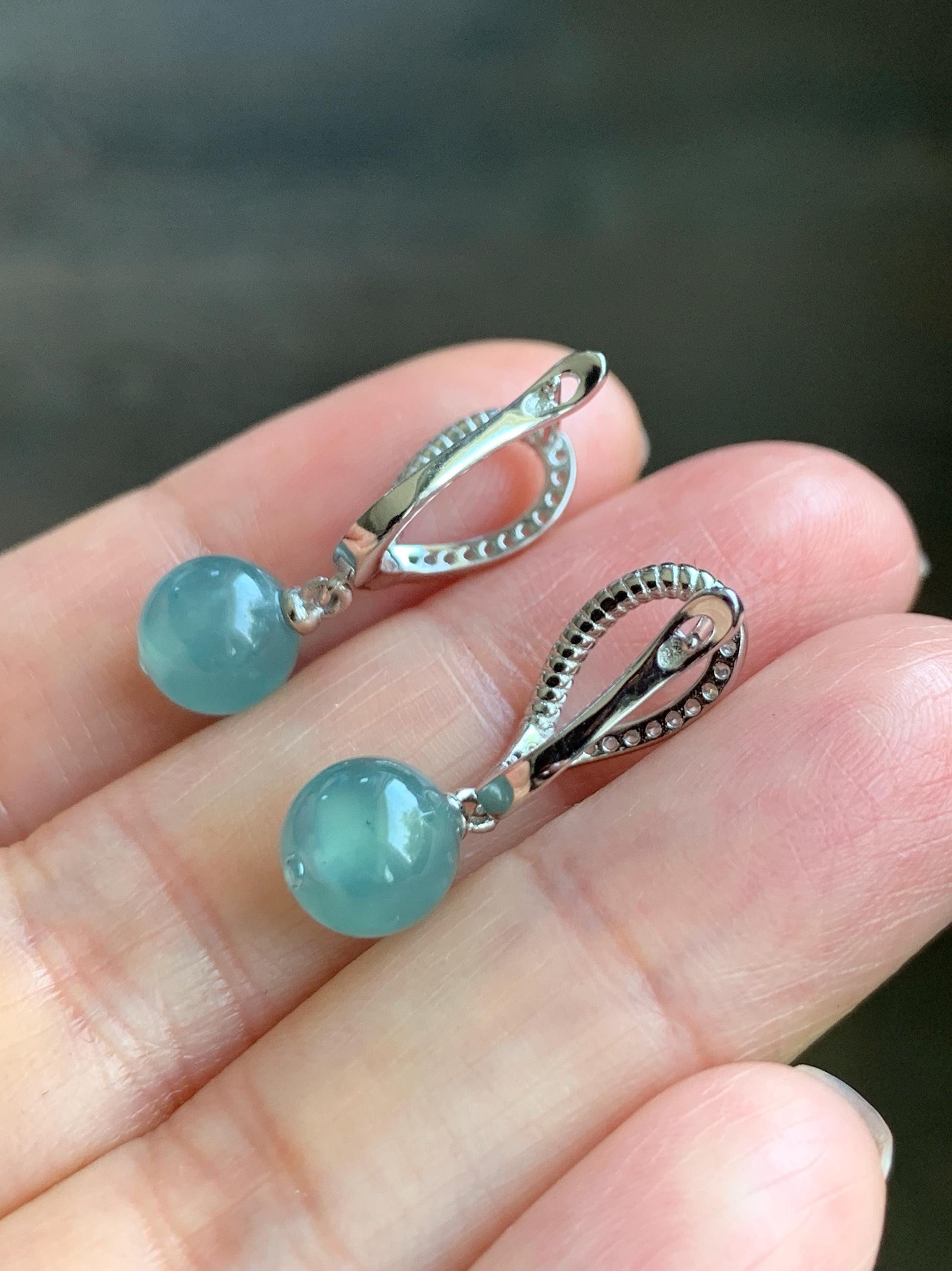 Natural Guatemalan Icy Highly Translucent Light Teal Blue Jadeite Beads Lever Back Dangle Earrings Sterling Silver 天然高冰危浅蓝翡翠圆珠耳钩 EBZ77B