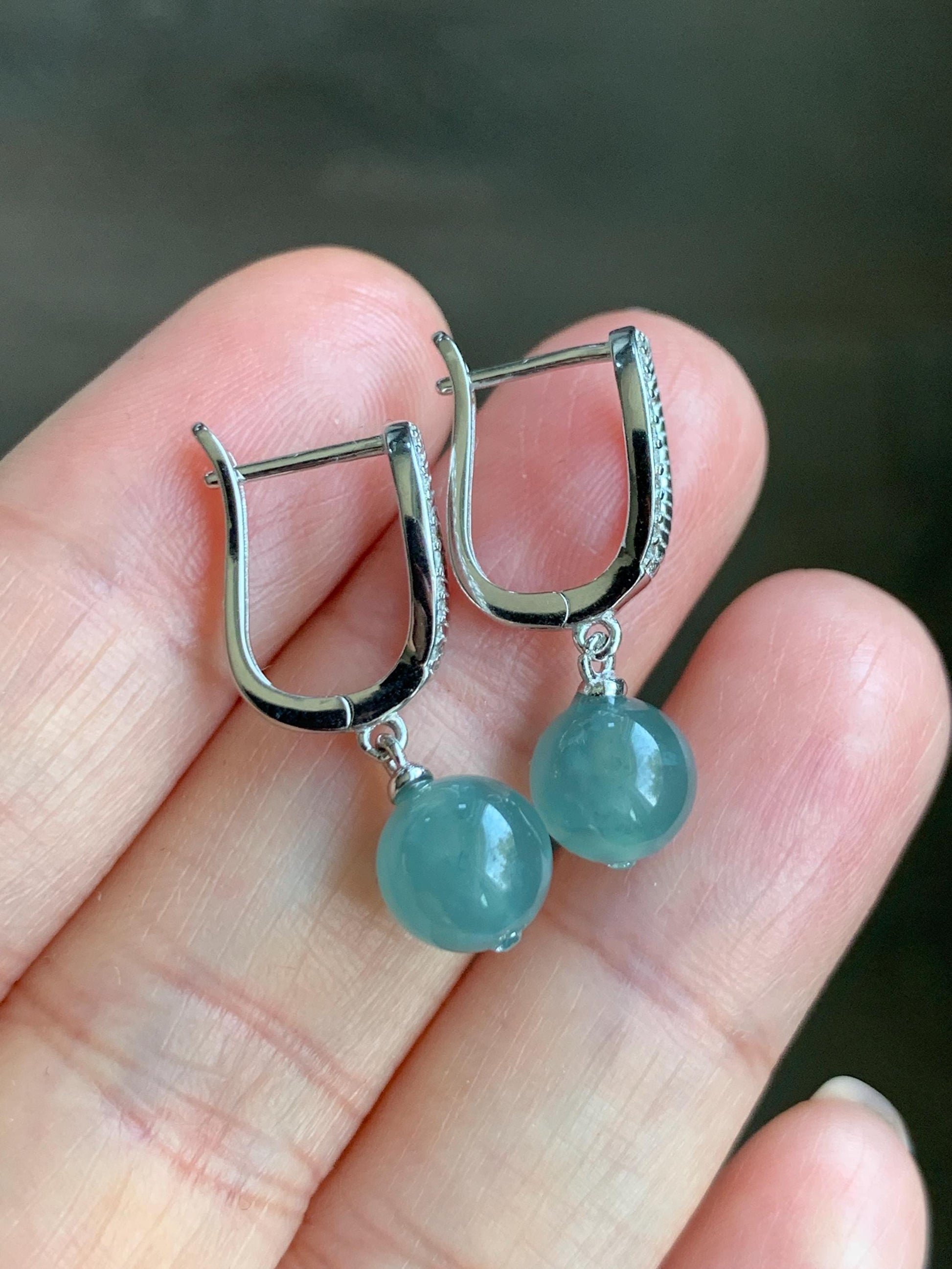 Natural Guatemalan Icy Highly Translucent Light Teal Blue Jadeite Beads Lever Back Dangle Earrings Sterling Silver 天然高冰危浅蓝翡翠圆珠耳钩 EBZ77B