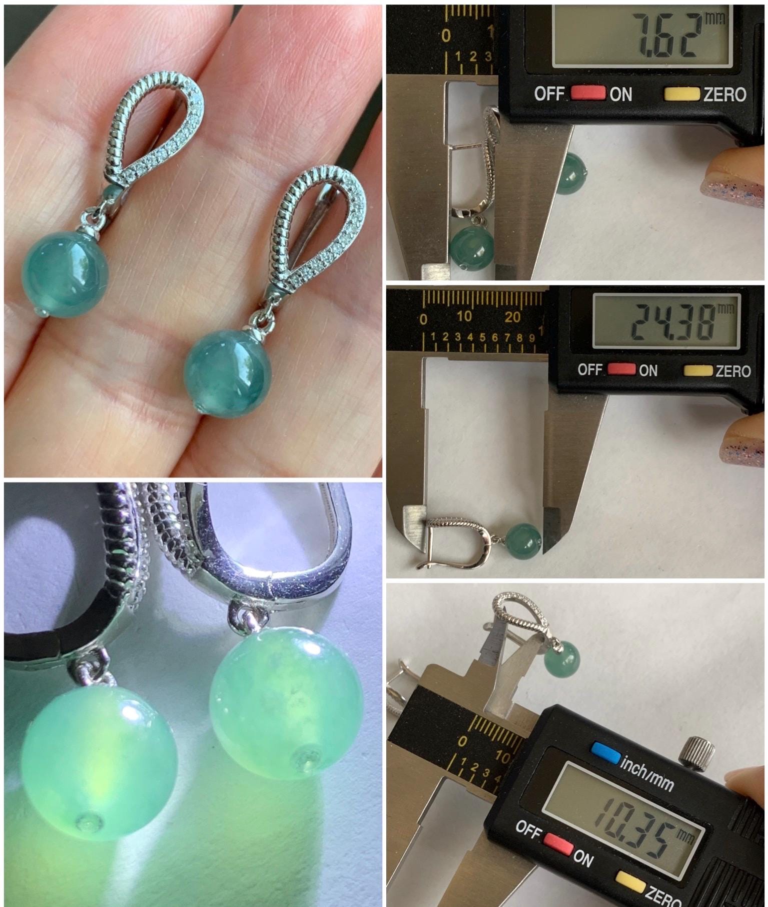 Natural Grade A Guatemalan Icy Highly Translucent Teal Blue Jadeite Beads Lever Back Dangle Earrings Sterling Silver 天然高冰危蓝翡翠圆珠耳钩 EBZ77A