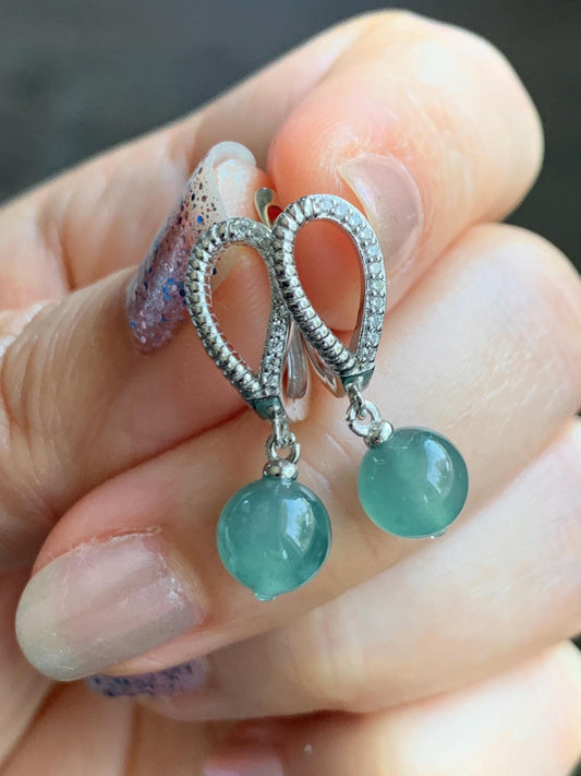 Natural Grade A Guatemalan Icy Highly Translucent Teal Blue Jadeite Beads Lever Back Dangle Earrings Sterling Silver 天然高冰危蓝翡翠圆珠耳钩 EBZ77A