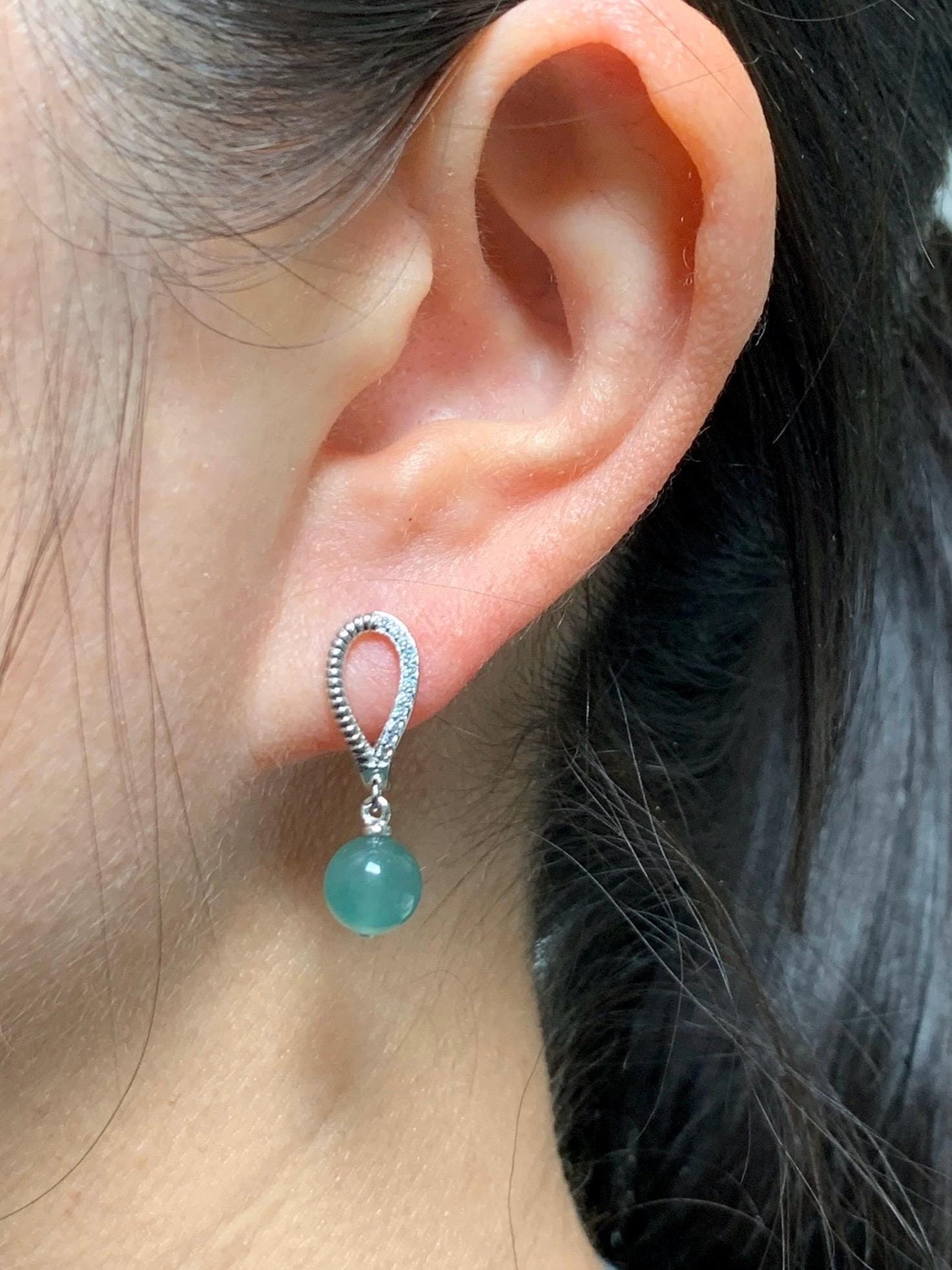 Natural Grade A Guatemalan Icy Highly Translucent Teal Blue Jadeite Beads Lever Back Dangle Earrings Sterling Silver 天然高冰危蓝翡翠圆珠耳钩 EBZ77A