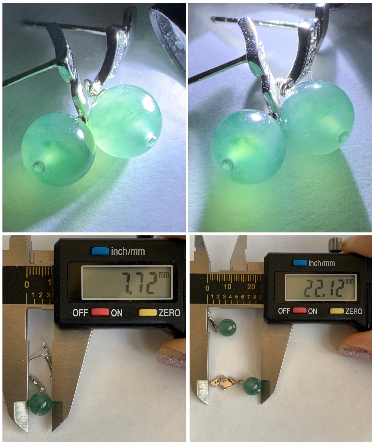 Natural Grade A Guatemalan Icy Highly Translucent Light Teal Green Jadeite Beads Stud Dangle Earrings Sterling Silver 天然冰危蓝绿翡翠圆珠耳钉 BPS77A