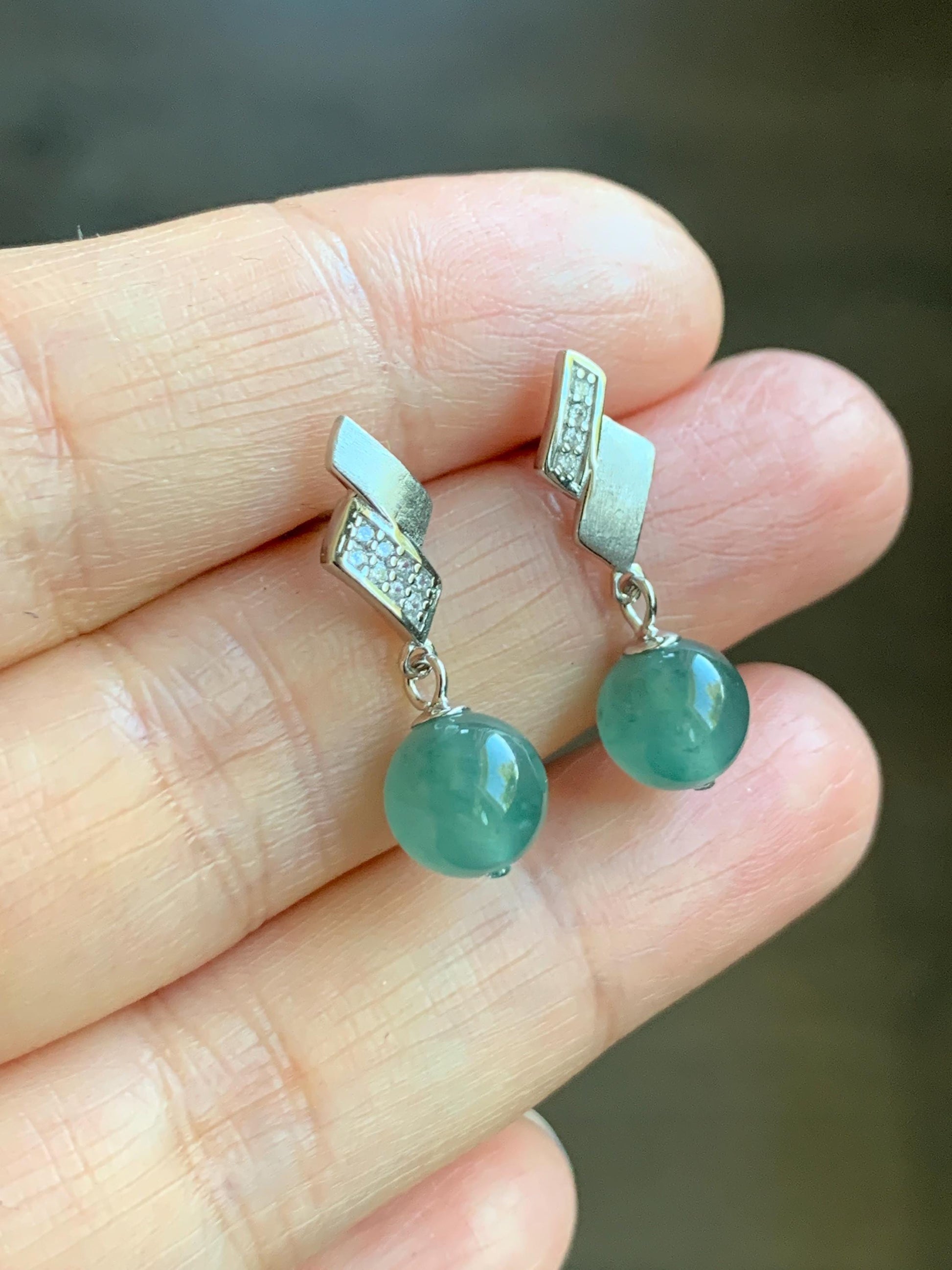 Natural Grade A Guatemalan Icy Highly Translucent Light Teal Green Jadeite Beads Stud Dangle Earrings Sterling Silver 天然冰危蓝绿翡翠圆珠耳钉 BPS77A