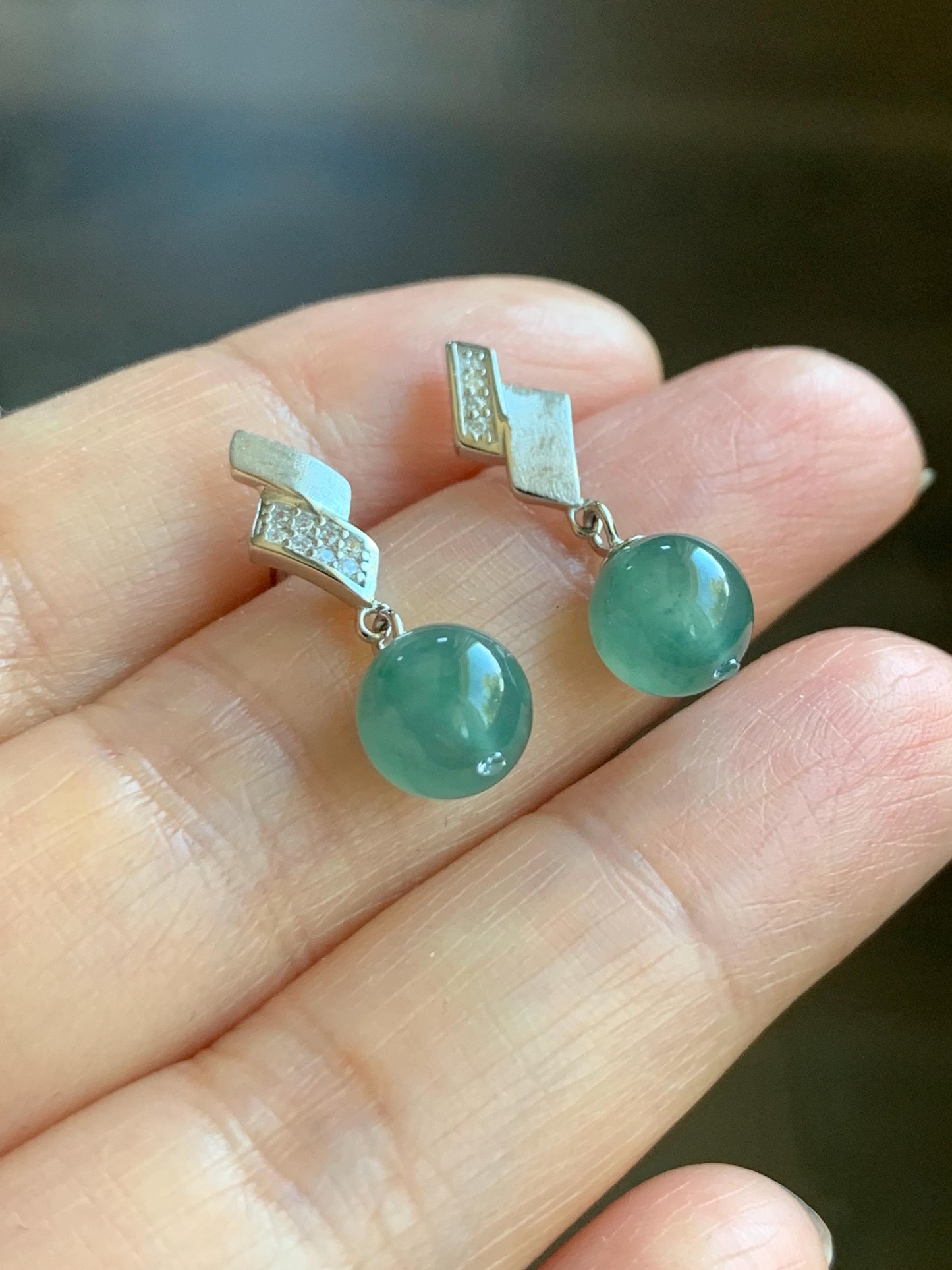 Natural Grade A Guatemalan Icy Highly Translucent Light Teal Green Jadeite Beads Stud Dangle Earrings Sterling Silver 天然冰危蓝绿翡翠圆珠耳钉 BPS77A