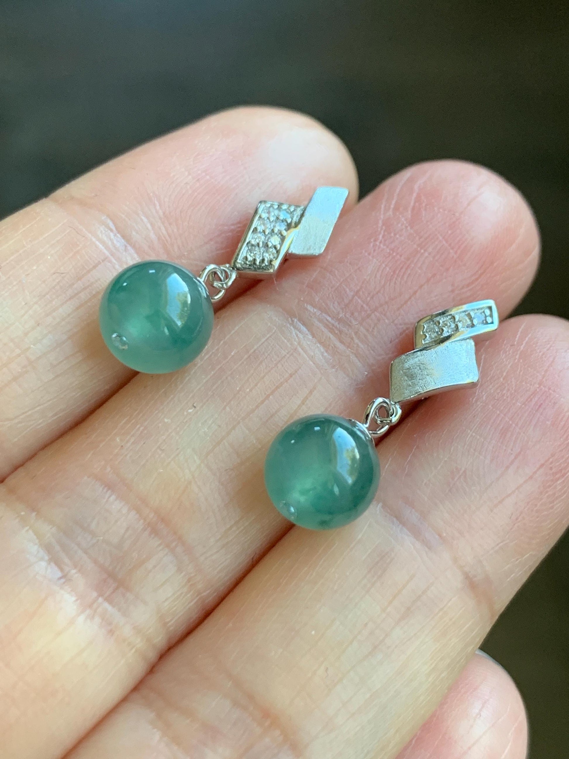Natural Grade A Guatemalan Icy Highly Translucent Light Teal Green Jadeite Beads Stud Dangle Earrings Sterling Silver 天然冰危蓝绿翡翠圆珠耳钉 BPS77A