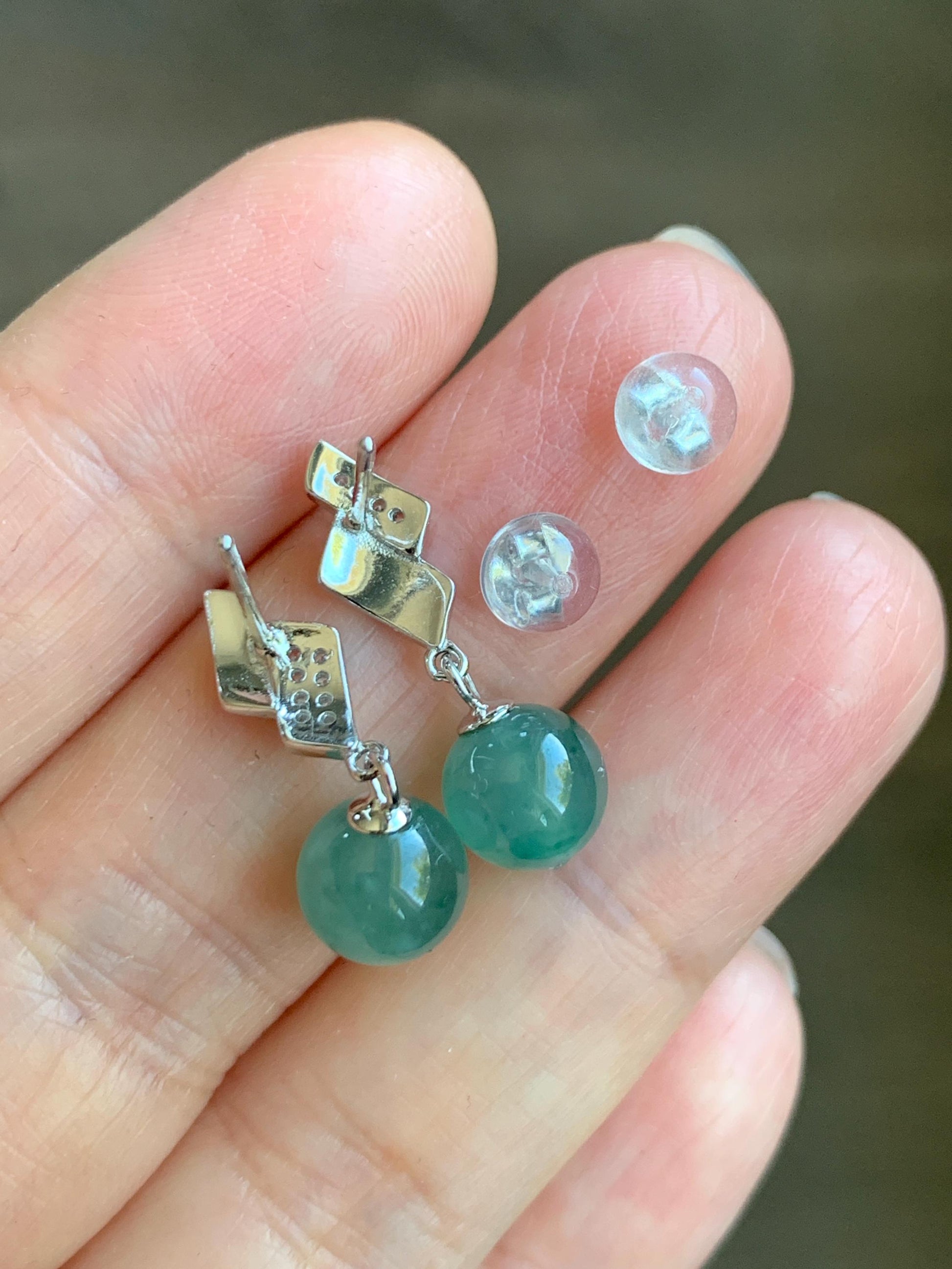 Natural Grade A Guatemalan Icy Highly Translucent Light Teal Green Jadeite Beads Stud Dangle Earrings Sterling Silver 天然冰危蓝绿翡翠圆珠耳钉 BPS77A