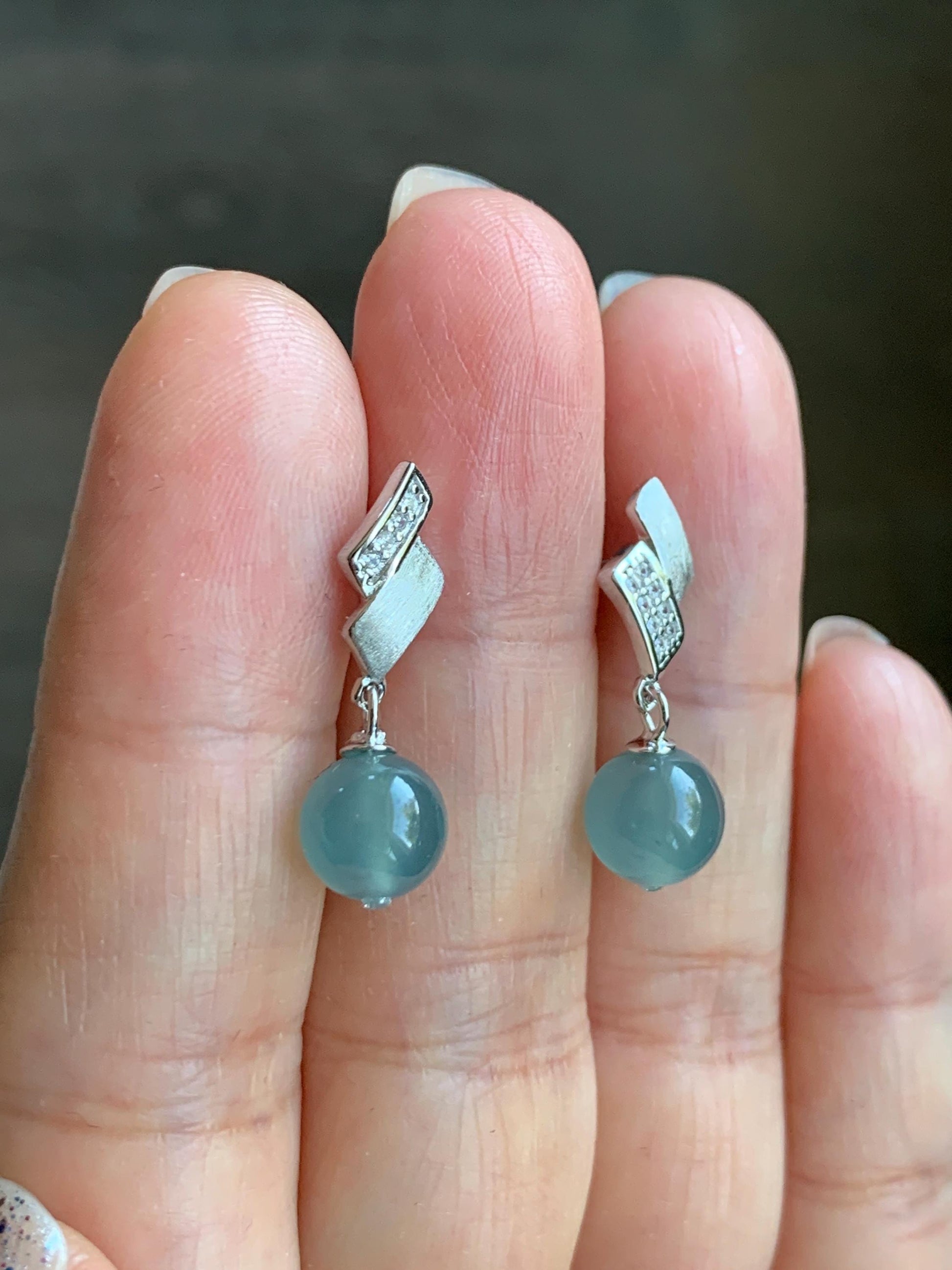 Natural Grade A Guatemalan Icy Highly Translucent Light Teal Blue Jadeite Beads Stud Dangle Earrings Sterling Silver 天然冰危浅蓝翡翠圆珠耳钉 BPS77B