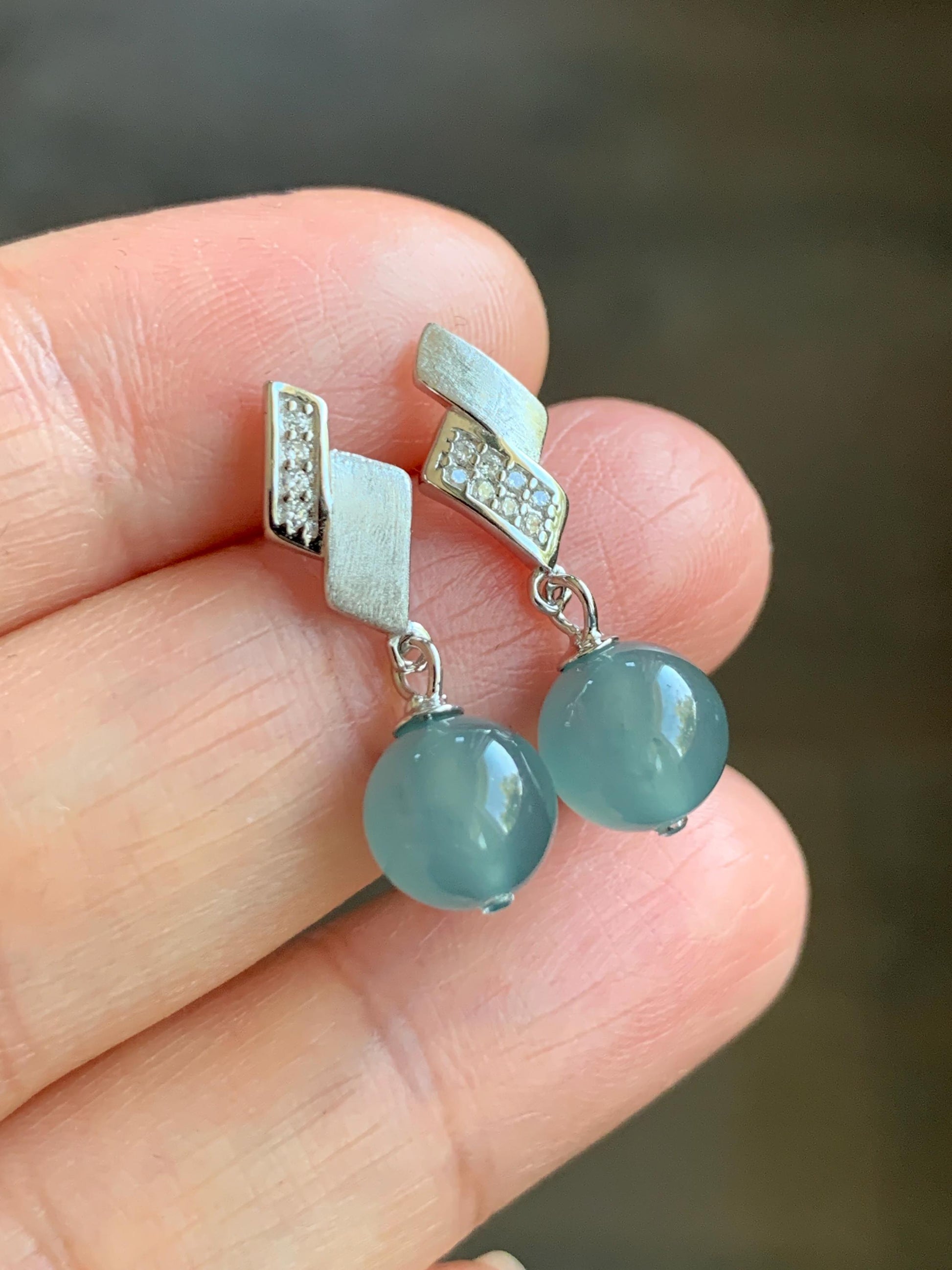Natural Grade A Guatemalan Icy Highly Translucent Light Teal Blue Jadeite Beads Stud Dangle Earrings Sterling Silver 天然冰危浅蓝翡翠圆珠耳钉 BPS77B