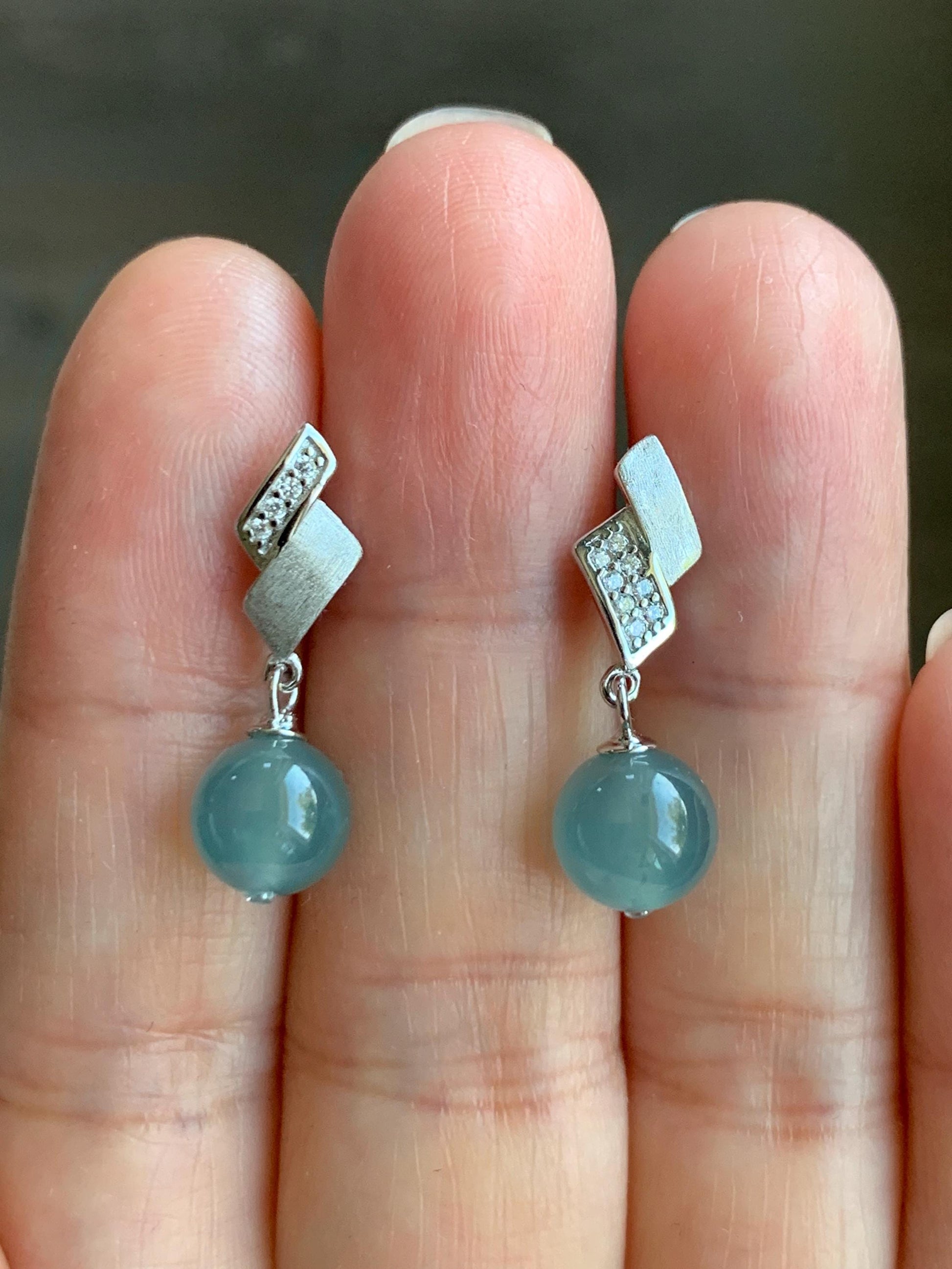 Natural Grade A Guatemalan Icy Highly Translucent Light Teal Blue Jadeite Beads Stud Dangle Earrings Sterling Silver 天然冰危浅蓝翡翠圆珠耳钉 BPS77B