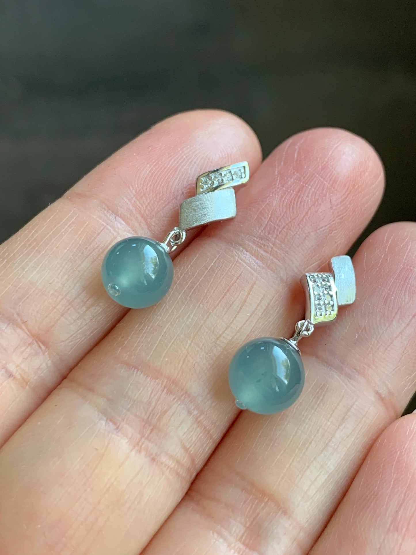 Natural Grade A Guatemalan Icy Highly Translucent Light Teal Blue Jadeite Beads Stud Dangle Earrings Sterling Silver 天然冰危浅蓝翡翠圆珠耳钉 BPS77B