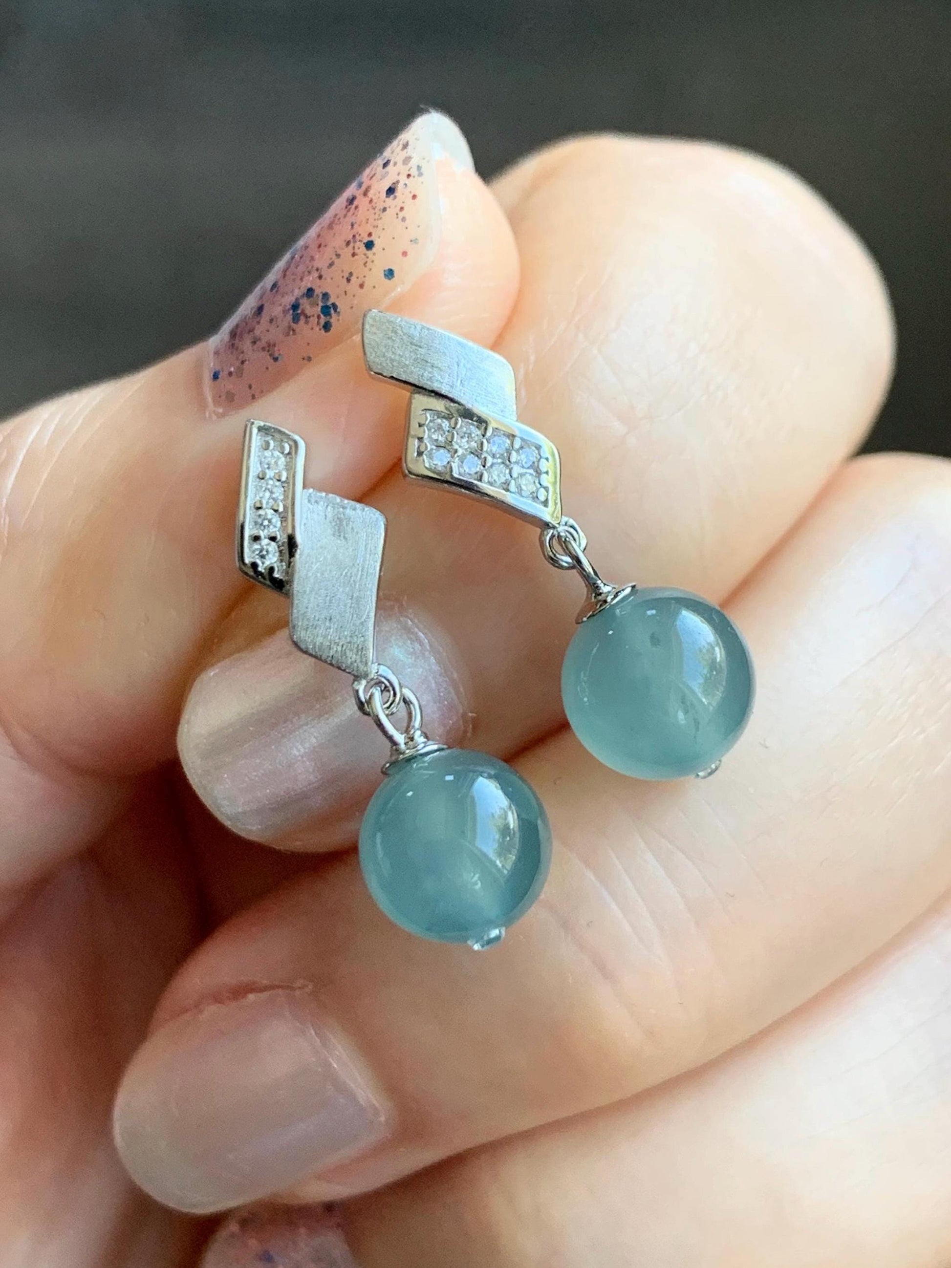 Natural Grade A Guatemalan Icy Highly Translucent Light Teal Blue Jadeite Beads Stud Dangle Earrings Sterling Silver 天然冰危浅蓝翡翠圆珠耳钉 BPS77B