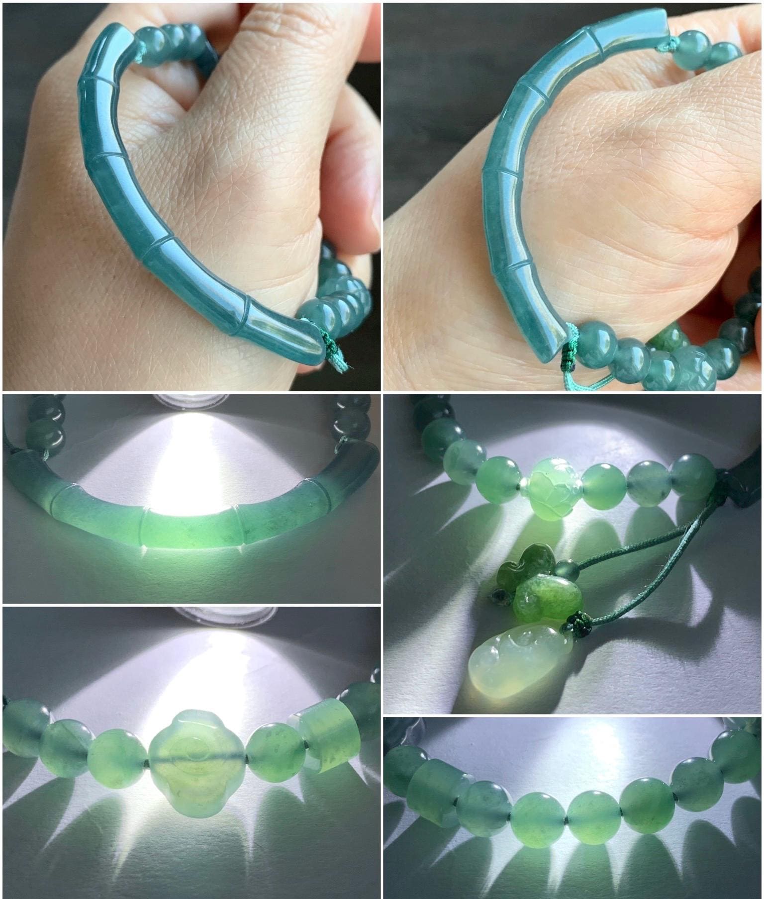 Natural Guatemalan Icy Highly Translucent Teal Blue Jadeite Bamboo Cuff Beaded Bracelet w/ Jadeite Charms 6.75” 17g 天然冰胶危蓝翡翠竹节手牌手串 ZJL150