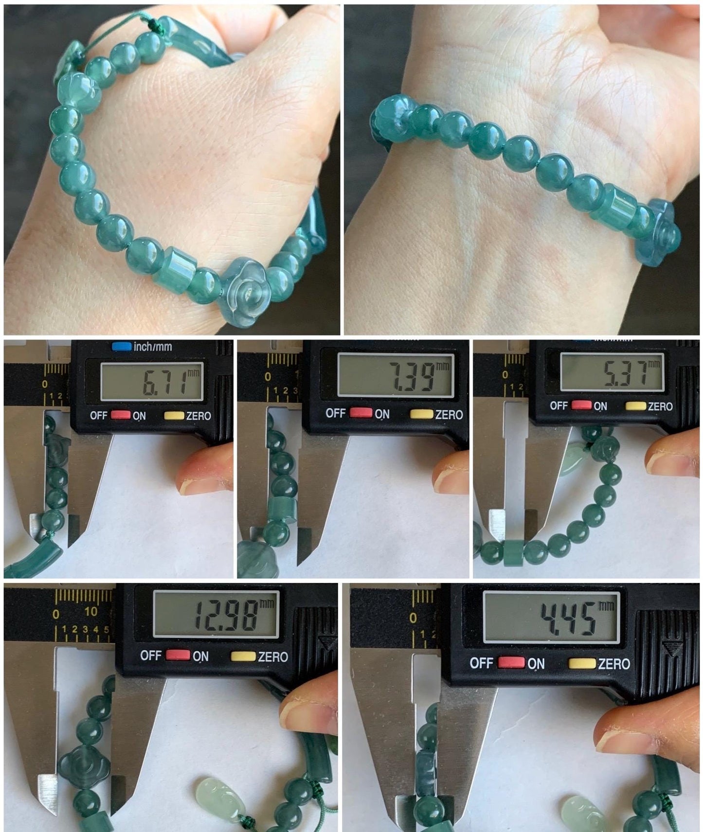 Natural Guatemalan Icy Highly Translucent Teal Blue Jadeite Bamboo Cuff Beaded Bracelet w/ Jadeite Charms 6.75” 17g 天然冰胶危蓝翡翠竹节手牌手串 ZJL150