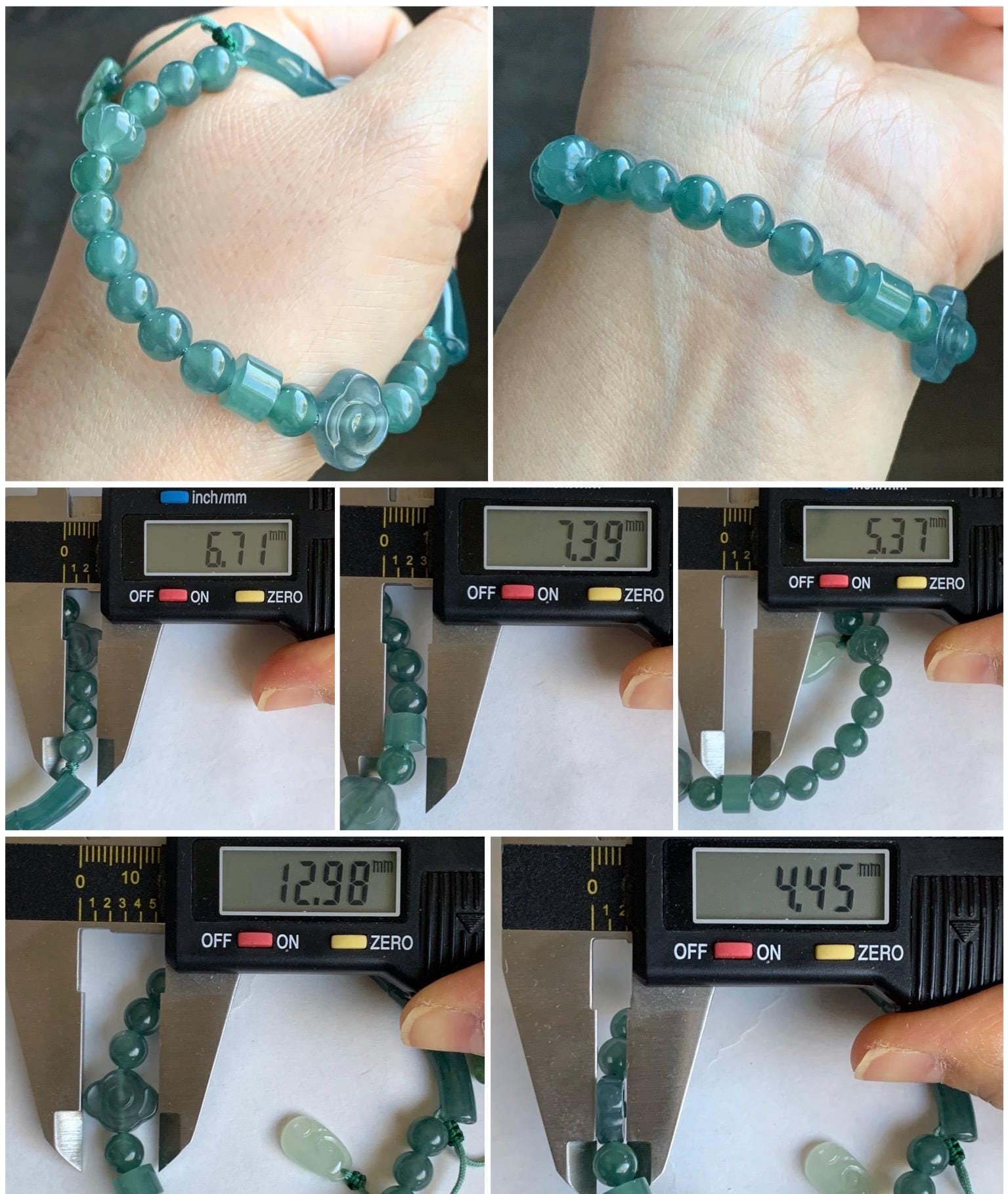 Natural Guatemalan Icy Highly Translucent Teal Blue Jadeite Bamboo Cuff Beaded Bracelet w/ Jadeite Charms 6.75” 17g 天然冰胶危蓝翡翠竹节手牌手串 ZJL150