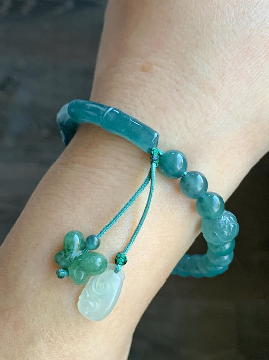 Natural Guatemalan Icy Highly Translucent Teal Blue Jadeite Bamboo Cuff Beaded Bracelet w/ Jadeite Charms 6.75” 17g 天然冰胶危蓝翡翠竹节手牌手串 ZJL150