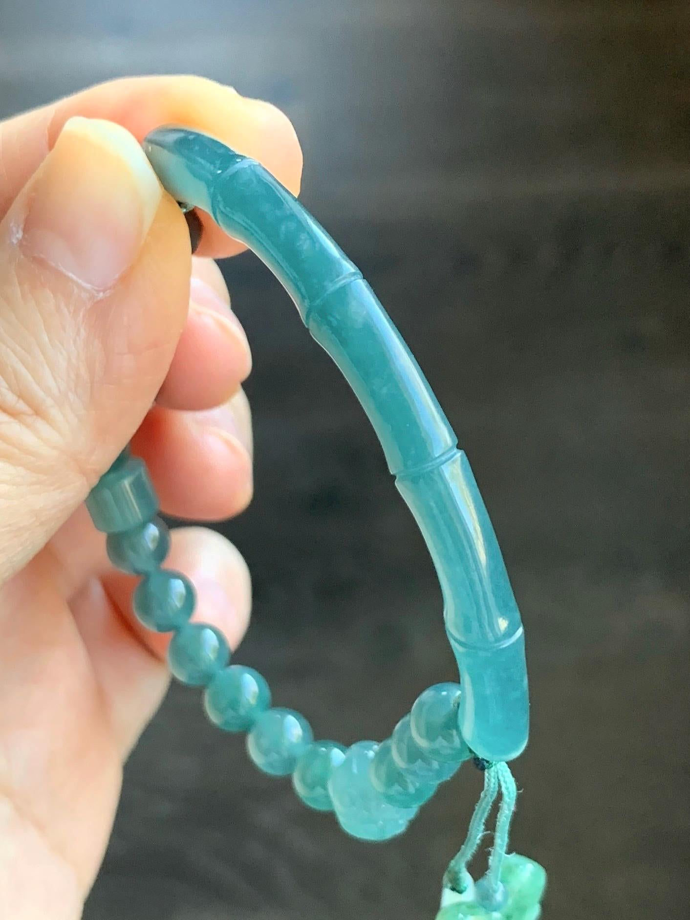 Natural Guatemalan Icy Highly Translucent Teal Blue Jadeite Bamboo Cuff Beaded Bracelet w/ Jadeite Charms 6.75” 17g 天然冰胶危蓝翡翠竹节手牌手串 ZJL150