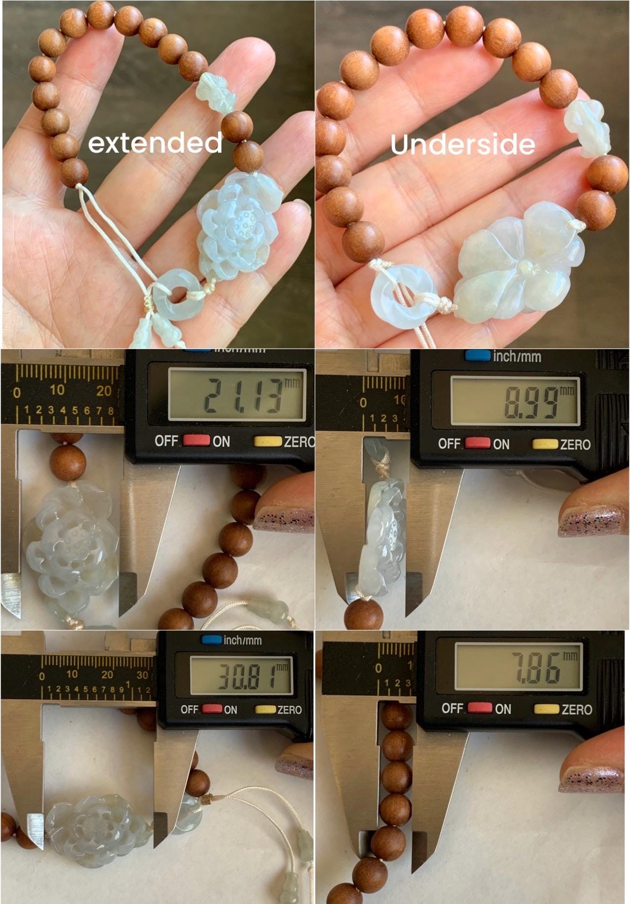 Natural Icy Translucent Light Beige Jade Jadeite 3D Lotus Flower Donut Goldfish Wood Beads Beaded Bracelet 6.75” 天然起胶冰藕粉翡翠莲花木珠手串 OFL180