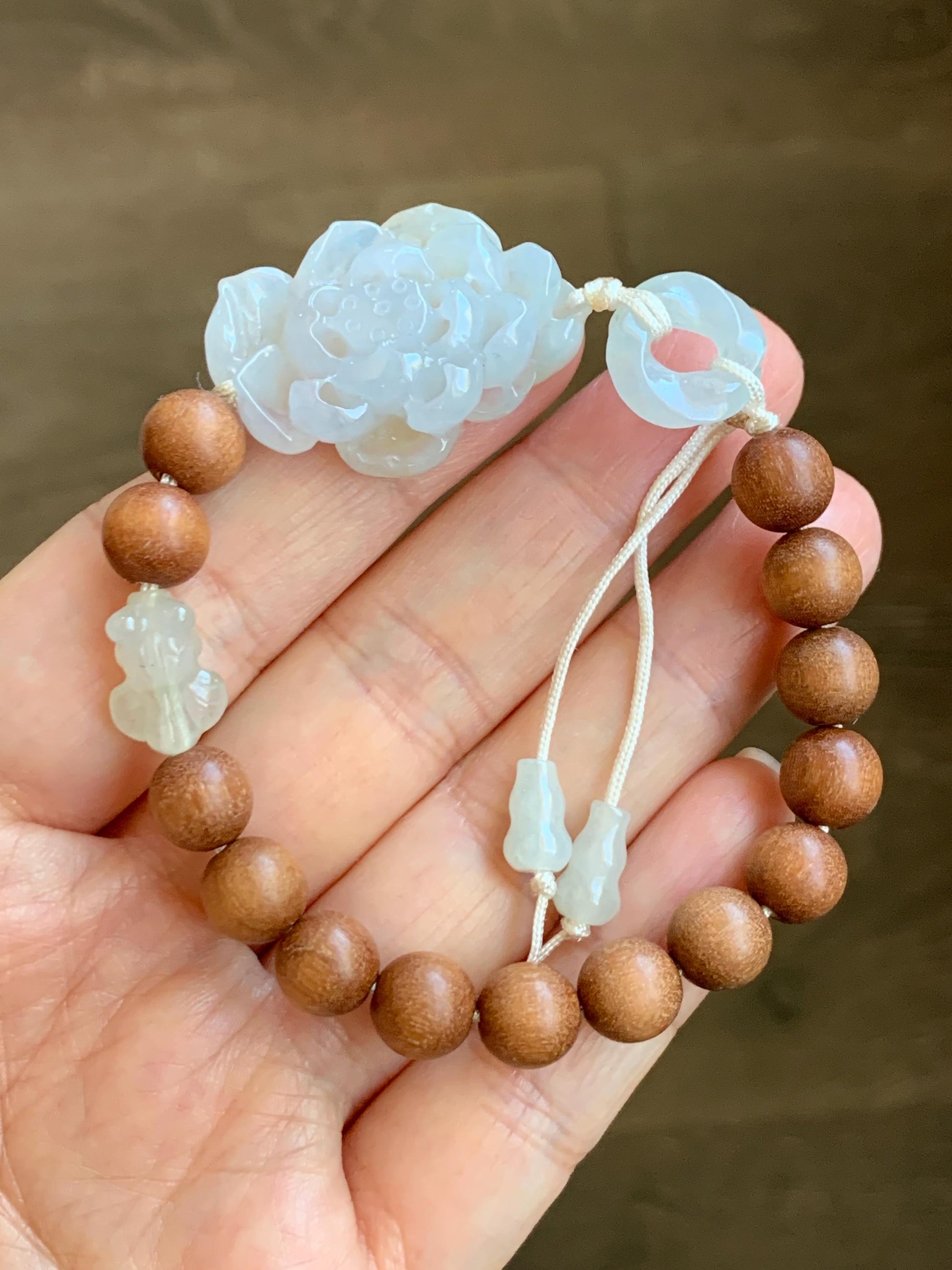 Natural Icy Translucent Light Beige Jade Jadeite 3D Lotus Flower Donut Goldfish Wood Beads Beaded Bracelet 6.75” 天然起胶冰藕粉翡翠莲花木珠手串 OFL180
