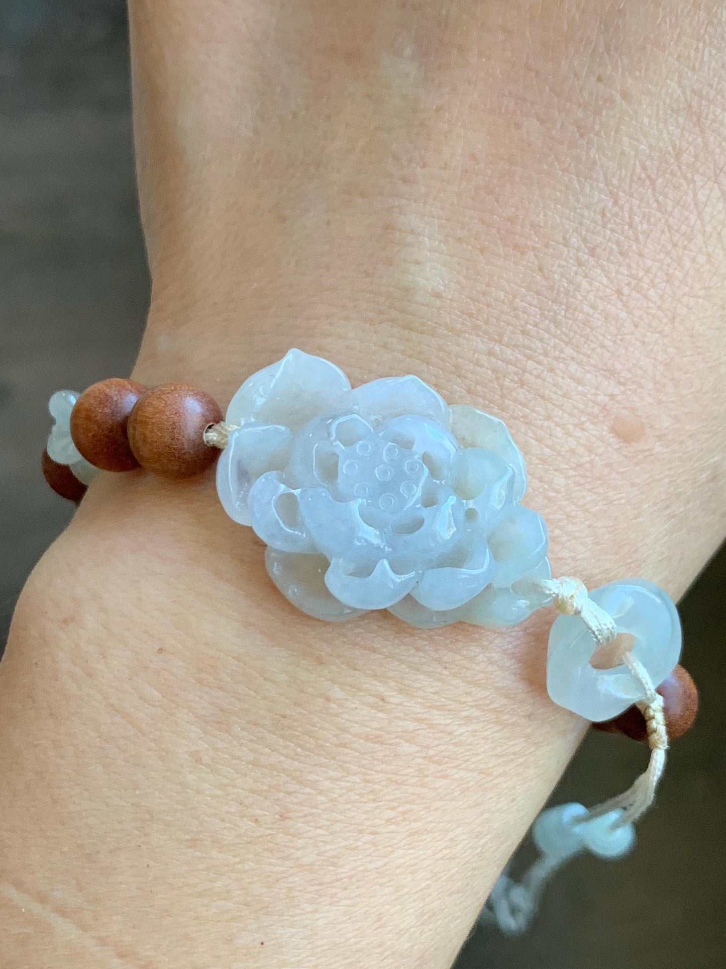 Natural Icy Translucent Light Beige Jade Jadeite 3D Lotus Flower Donut Goldfish Wood Beads Beaded Bracelet 6.75” 天然起胶冰藕粉翡翠莲花木珠手串 OFL180