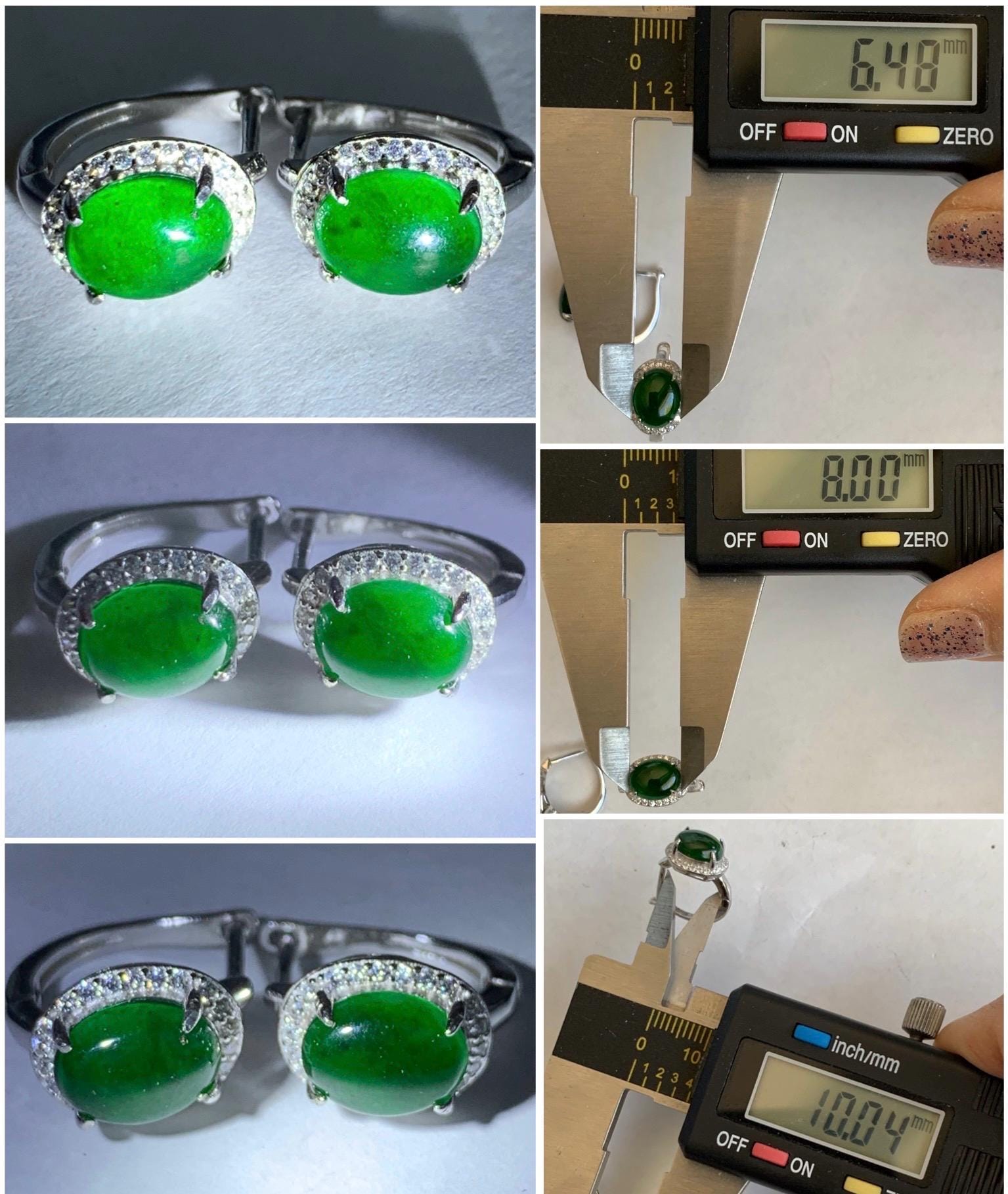 Natural Grade A Guatemalan Icy Translucent Vibrant Green Jade Jadeite Halo Style Huggie Hoop Earrings Sterling Silver 天然冰危绿翡翠镶嵌耳包 TYD88