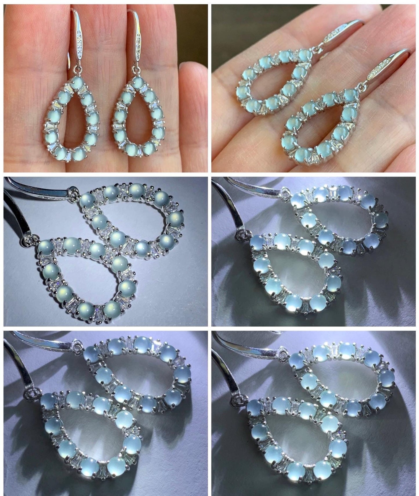 Certified Natural Guatemalan Grade A Icy Highly Translucent Pastel Blue Jade Jadeite Hook Dangle Earrings Sterling Silver 天然冰危蓝起光翡翠银镶耳钩 1686