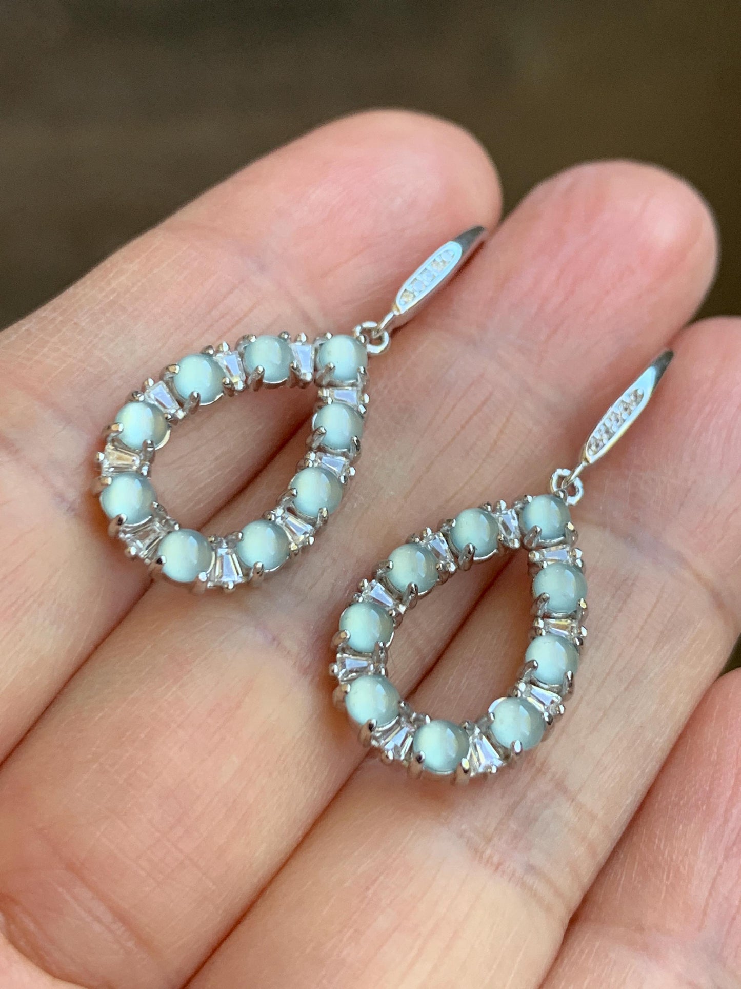 Certified Natural Guatemalan Grade A Icy Highly Translucent Pastel Blue Jade Jadeite Hook Dangle Earrings Sterling Silver 天然冰危蓝起光翡翠银镶耳钩 1686