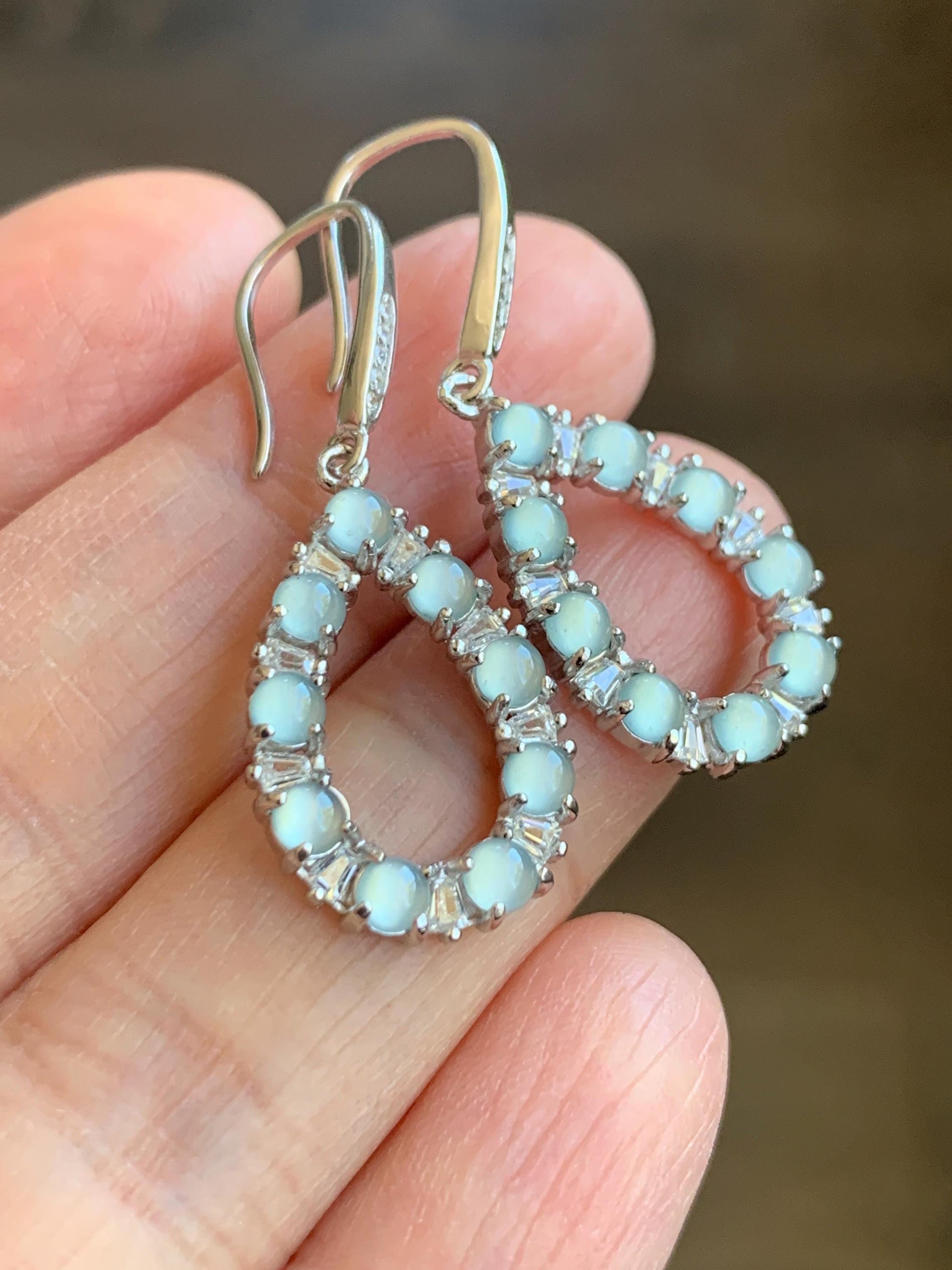 Certified Natural Guatemalan Grade A Icy Highly Translucent Pastel Blue Jade Jadeite Hook Dangle Earrings Sterling Silver 天然冰危蓝起光翡翠银镶耳钩 1686