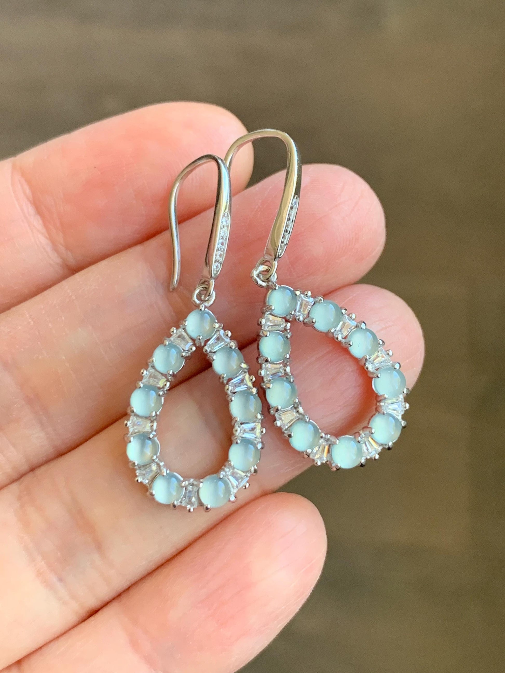 Certified Natural Guatemalan Grade A Icy Highly Translucent Pastel Blue Jade Jadeite Hook Dangle Earrings Sterling Silver 天然冰危蓝起光翡翠银镶耳钩 1686