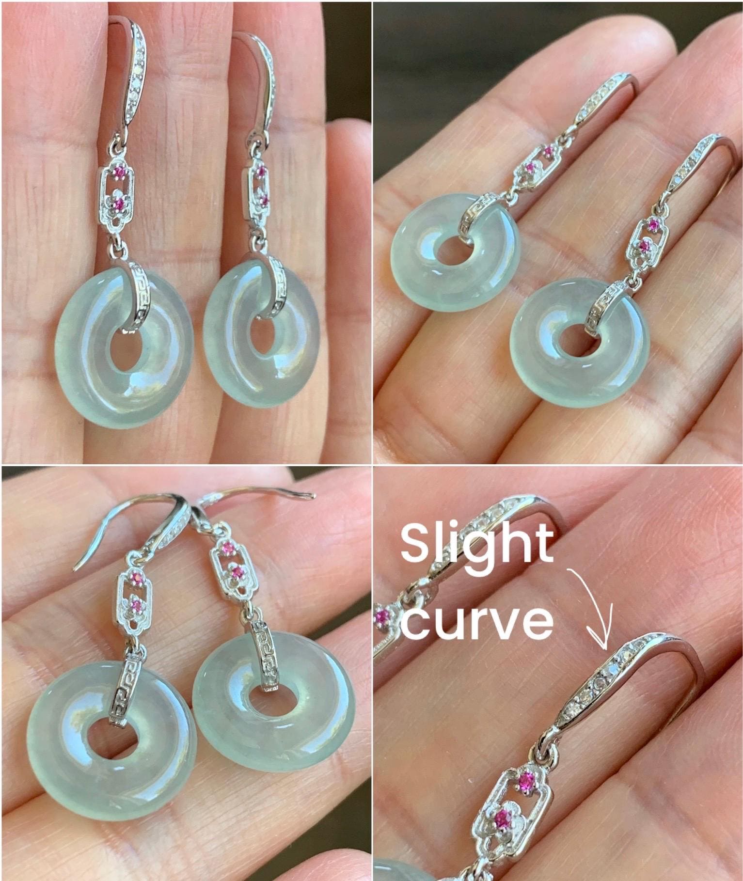 Natural Grade A Icy Highly Translucent Pastel Green Jade Jadeite Ping An Kou Donut Dangle Earrings Sterling Silver 天然起光冰晴底翡翠平安扣镶嵌耳钩 MQK188