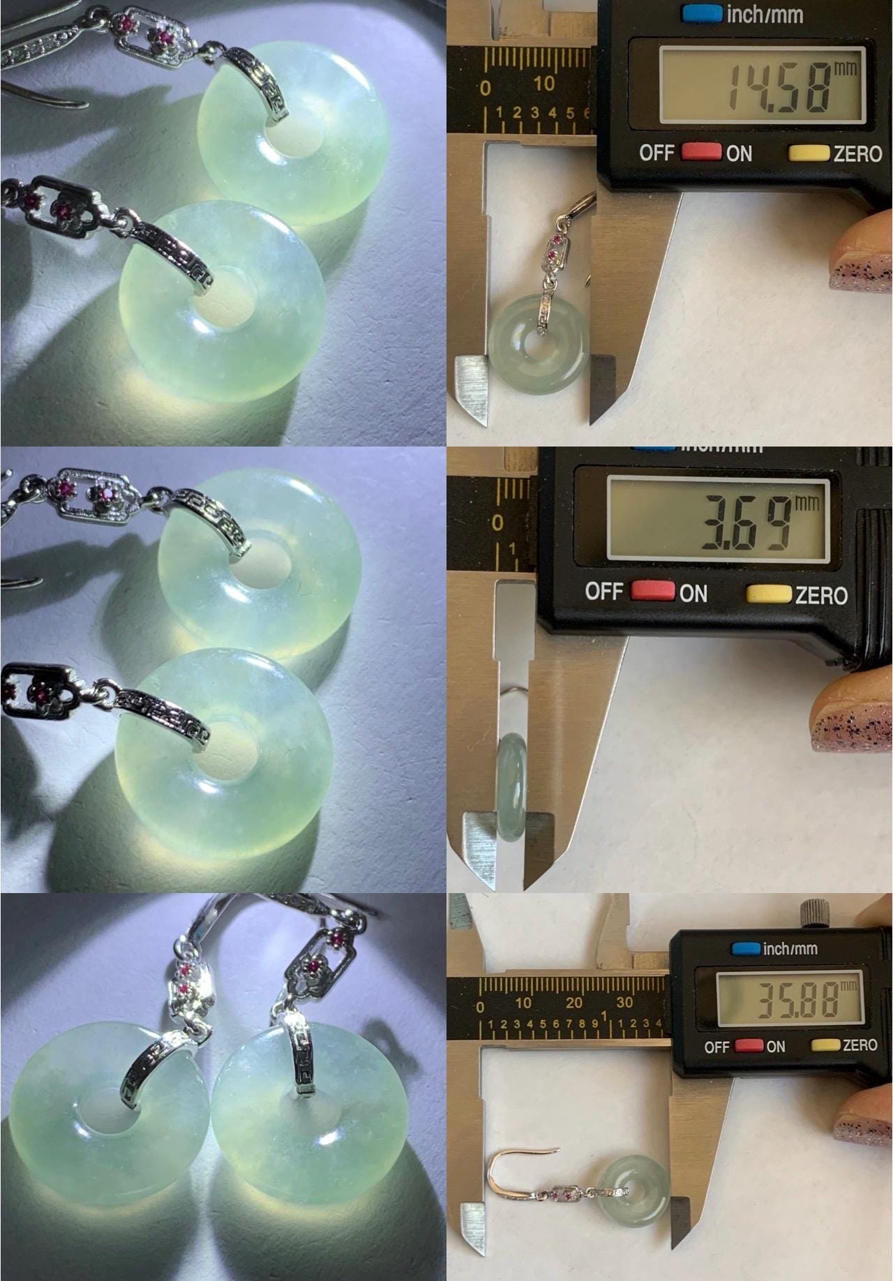 Natural Grade A Icy Highly Translucent Pastel Green Jade Jadeite Ping An Kou Donut Dangle Earrings Sterling Silver 天然起光冰晴底翡翠平安扣镶嵌耳钩 MQK188