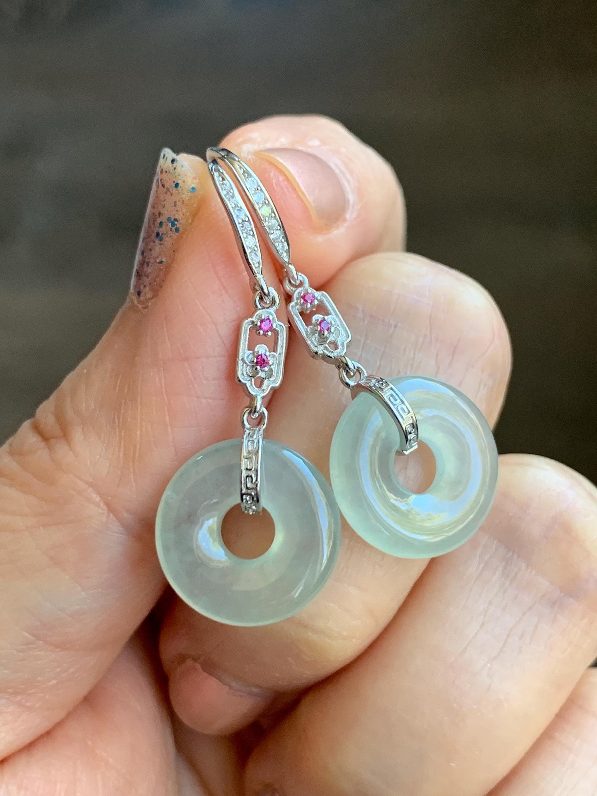 Natural Grade A Icy Highly Translucent Pastel Green Jade Jadeite Ping An Kou Donut Dangle Earrings Sterling Silver 天然起光冰晴底翡翠平安扣镶嵌耳钩 MQK188