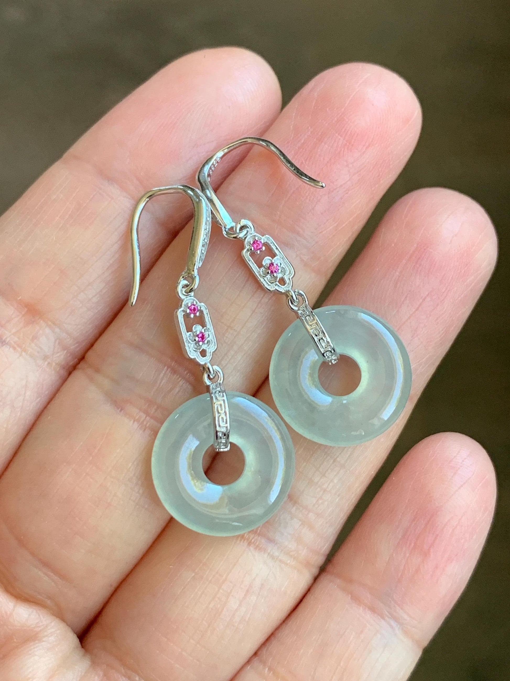 Natural Grade A Icy Highly Translucent Pastel Green Jade Jadeite Ping An Kou Donut Dangle Earrings Sterling Silver 天然起光冰晴底翡翠平安扣镶嵌耳钩 MQK188