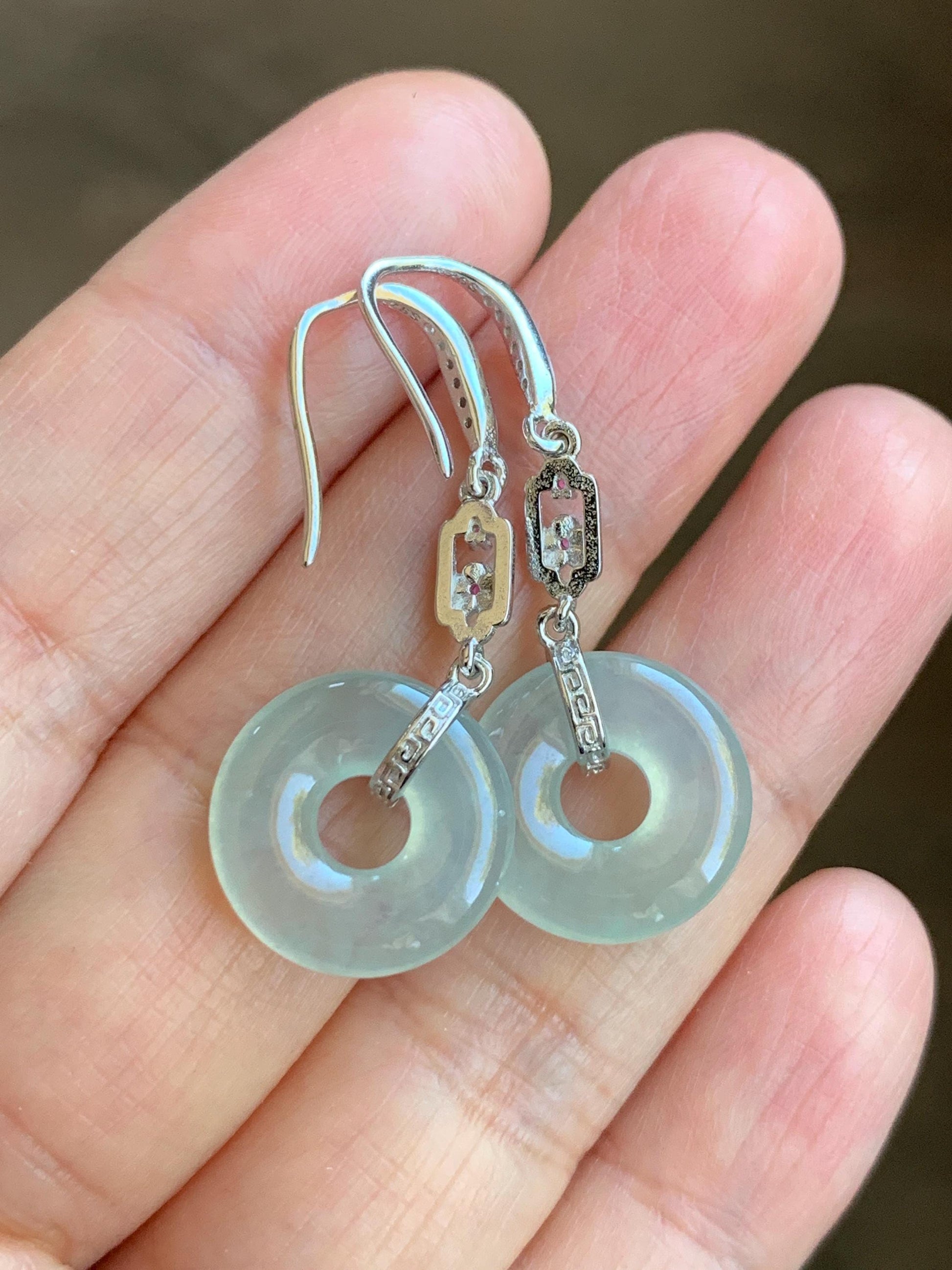 Natural Grade A Icy Highly Translucent Pastel Green Jade Jadeite Ping An Kou Donut Dangle Earrings Sterling Silver 天然起光冰晴底翡翠平安扣镶嵌耳钩 MQK188