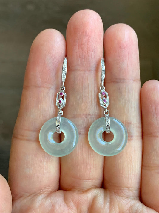 Natural Grade A Icy Highly Translucent Pastel Green Jade Jadeite Ping An Kou Donut Dangle Earrings Sterling Silver 天然起光冰晴底翡翠平安扣镶嵌耳钩 MQK188