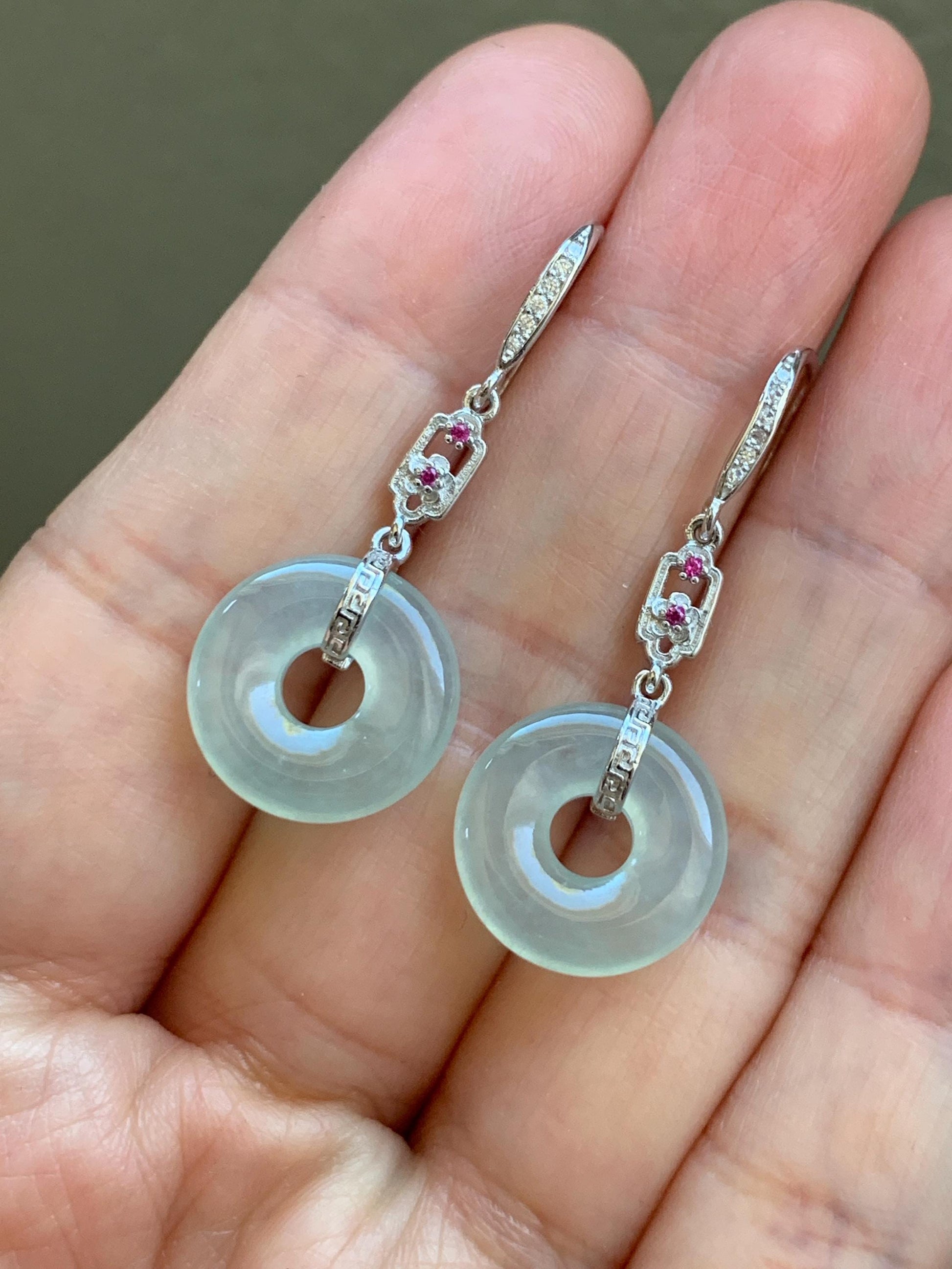 Natural Grade A Icy Highly Translucent Pastel Green Jade Jadeite Ping An Kou Donut Dangle Earrings Sterling Silver 天然起光冰晴底翡翠平安扣镶嵌耳钩 MQK188