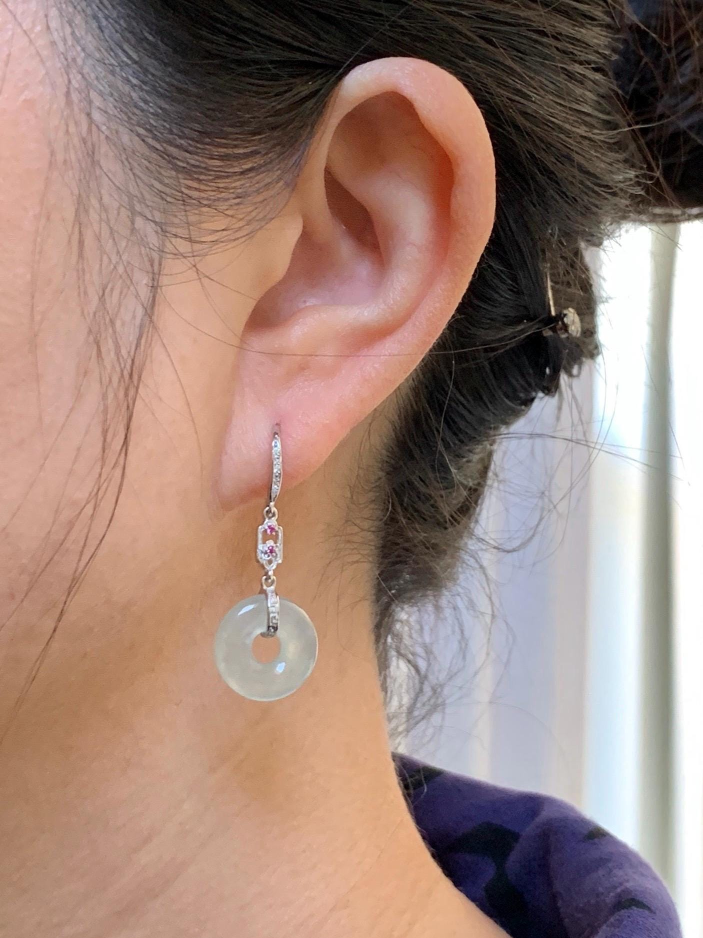 Natural Grade A Icy Highly Translucent Pastel Green Jade Jadeite Ping An Kou Donut Dangle Earrings Sterling Silver 天然起光冰晴底翡翠平安扣镶嵌耳钩 MQK188