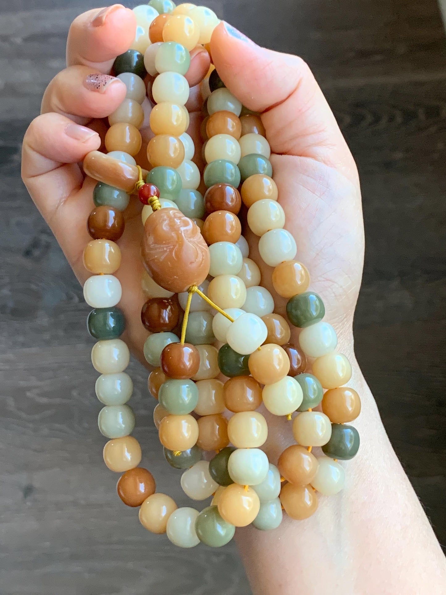 Natural Genuine Multicolored Carved Drum Beads & Buddha Charm Beaded Mala Prayer Beaded Necklace 42” 119g 天然多宝菩提珠长串 DBPT140