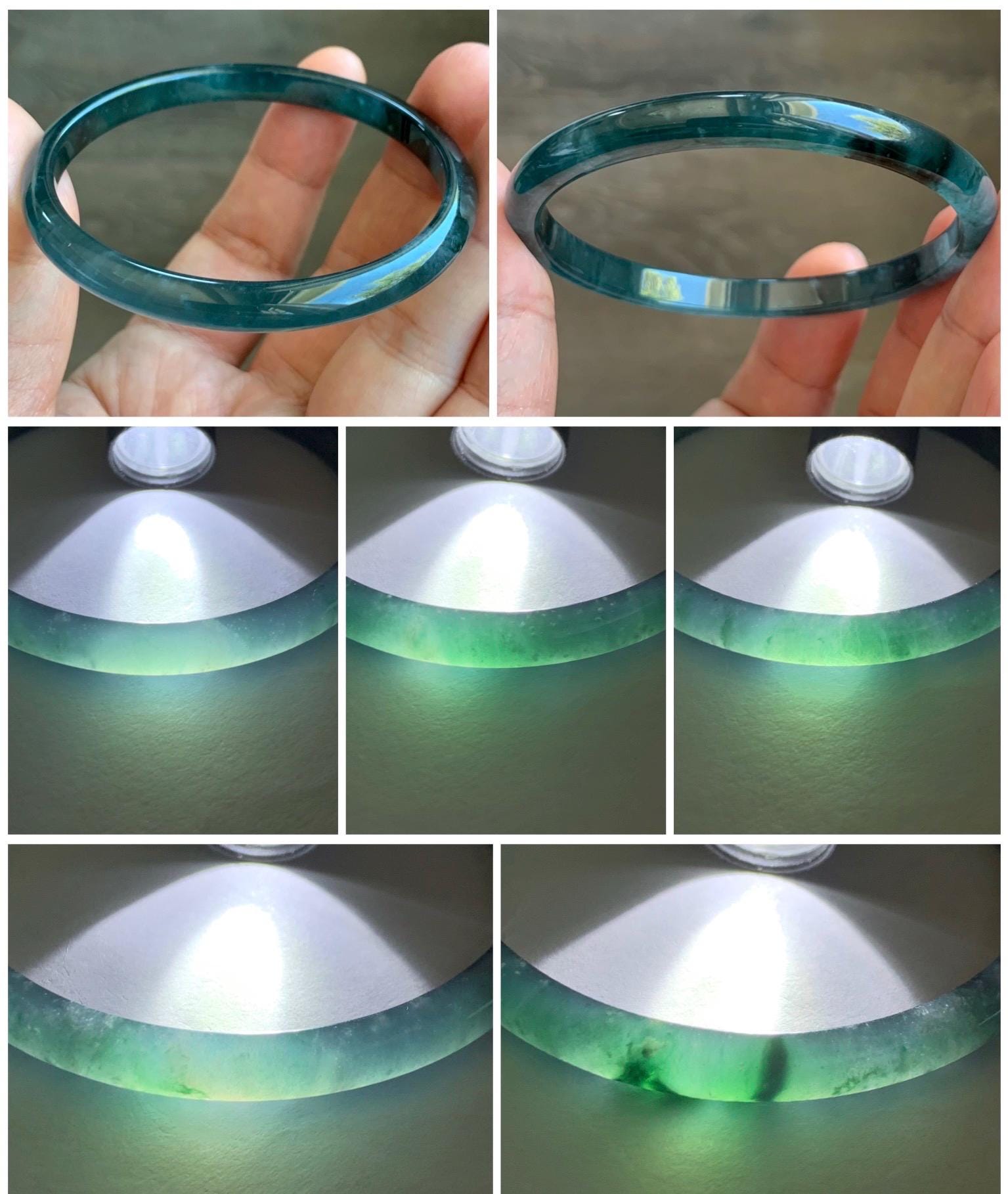 Certified Natural Grade A Guatemalan Icy Highly Translucent Gelatinous Teal Blue Jadeite Slim Bangle 55.8mm 16.26g 天然老种冰胶危蓝飘花翡翠细条手镯 1145