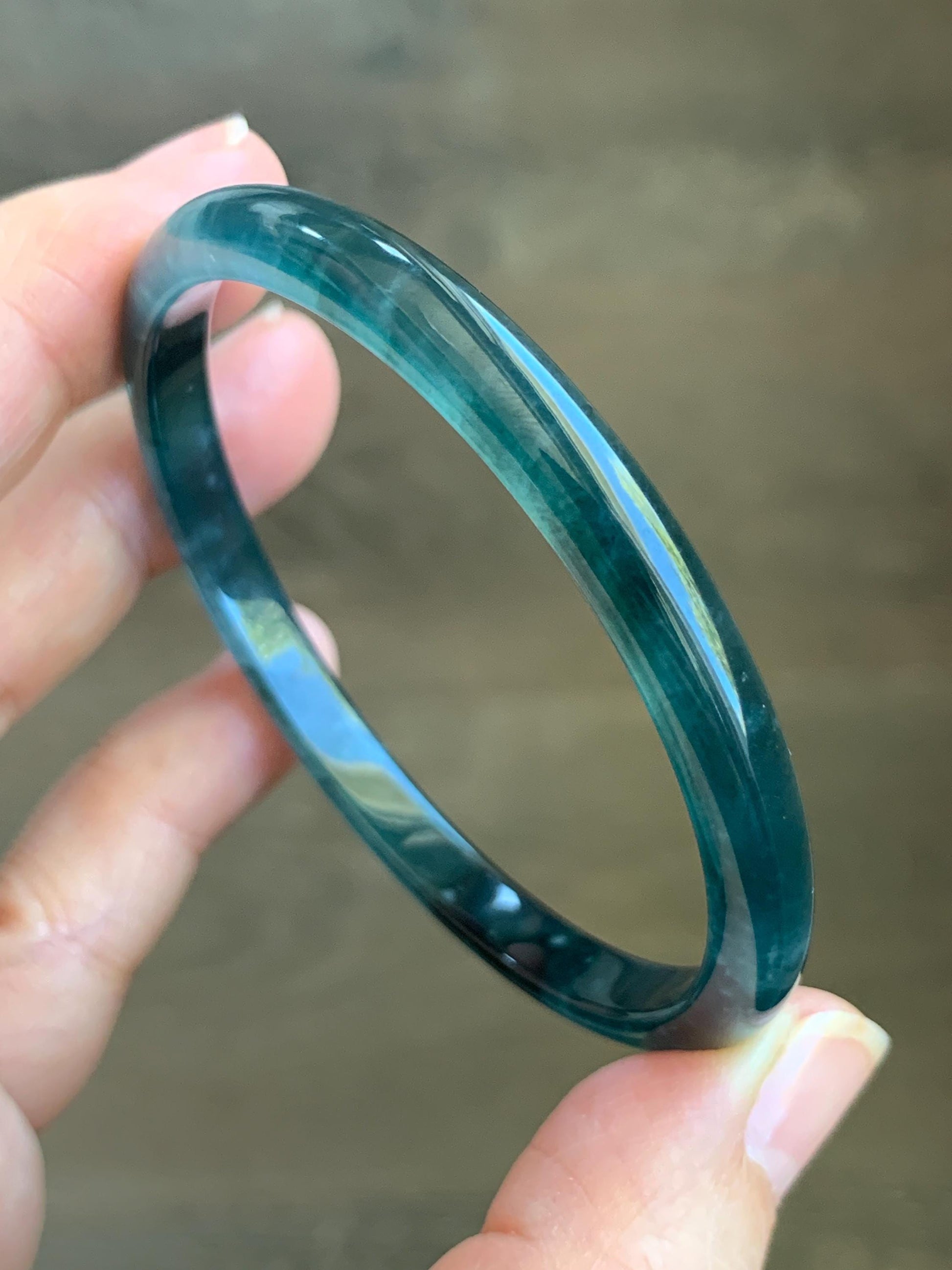 Certified Natural Grade A Guatemalan Icy Highly Translucent Gelatinous Teal Blue Jadeite Slim Bangle 55.8mm 16.26g 天然老种冰胶危蓝飘花翡翠细条手镯 1145