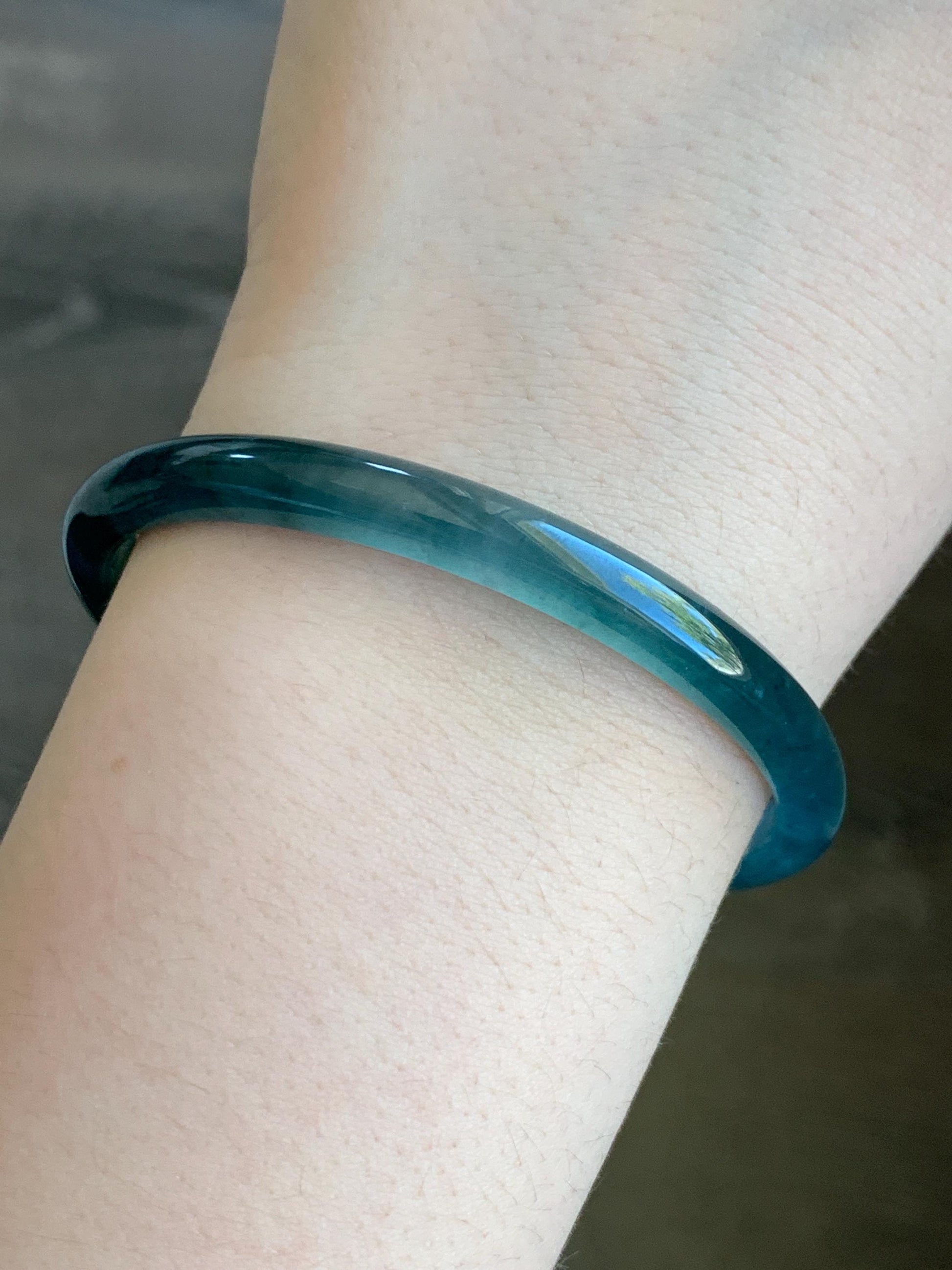 Certified Natural Grade A Guatemalan Icy Highly Translucent Gelatinous Teal Blue Jadeite Slim Bangle 55.8mm 16.26g 天然老种冰胶危蓝飘花翡翠细条手镯 1145