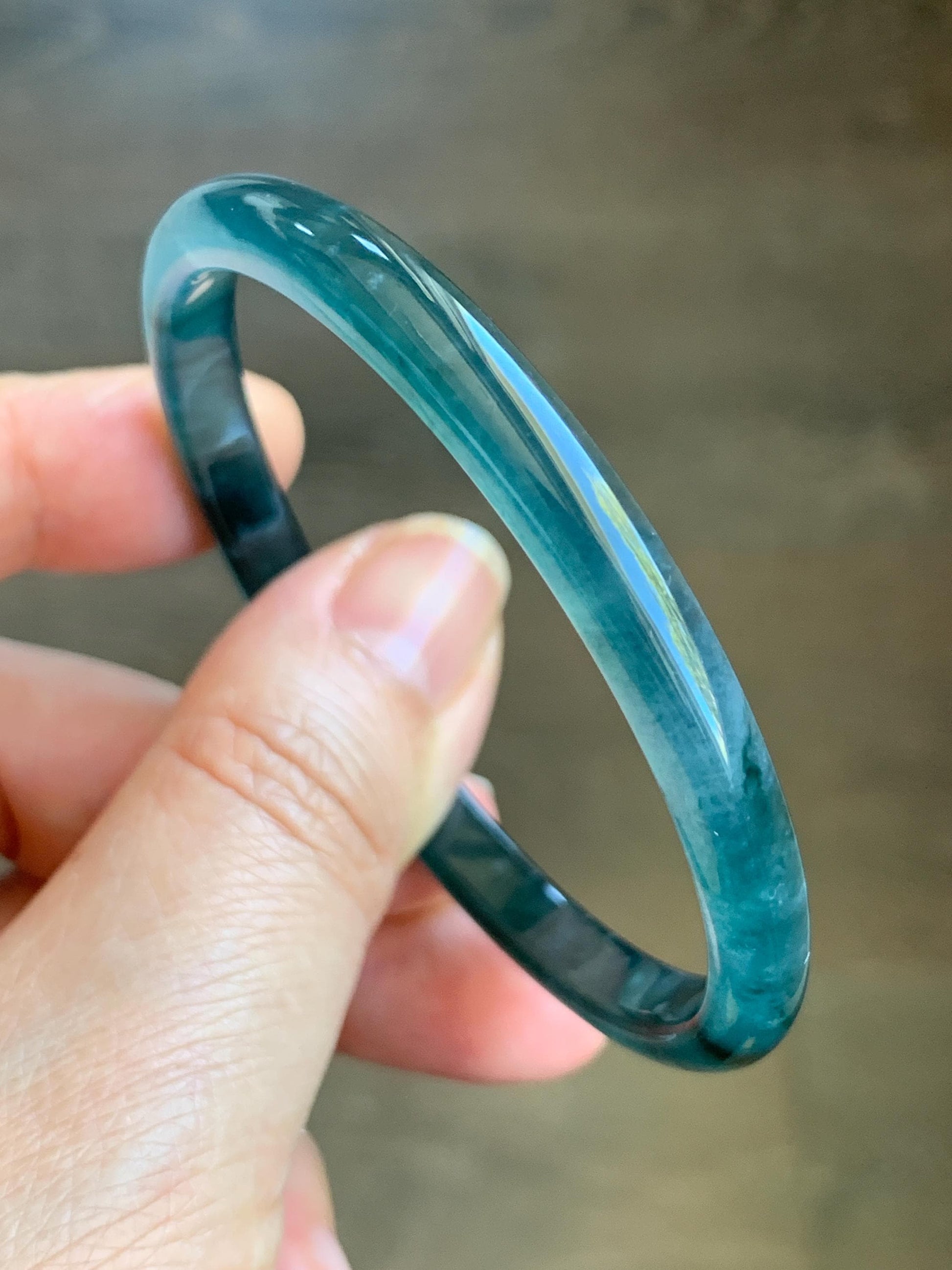 Certified Natural Grade A Guatemalan Icy Highly Translucent Gelatinous Teal Blue Jadeite Slim Bangle 55.8mm 16.26g 天然老种冰胶危蓝飘花翡翠细条手镯 1145