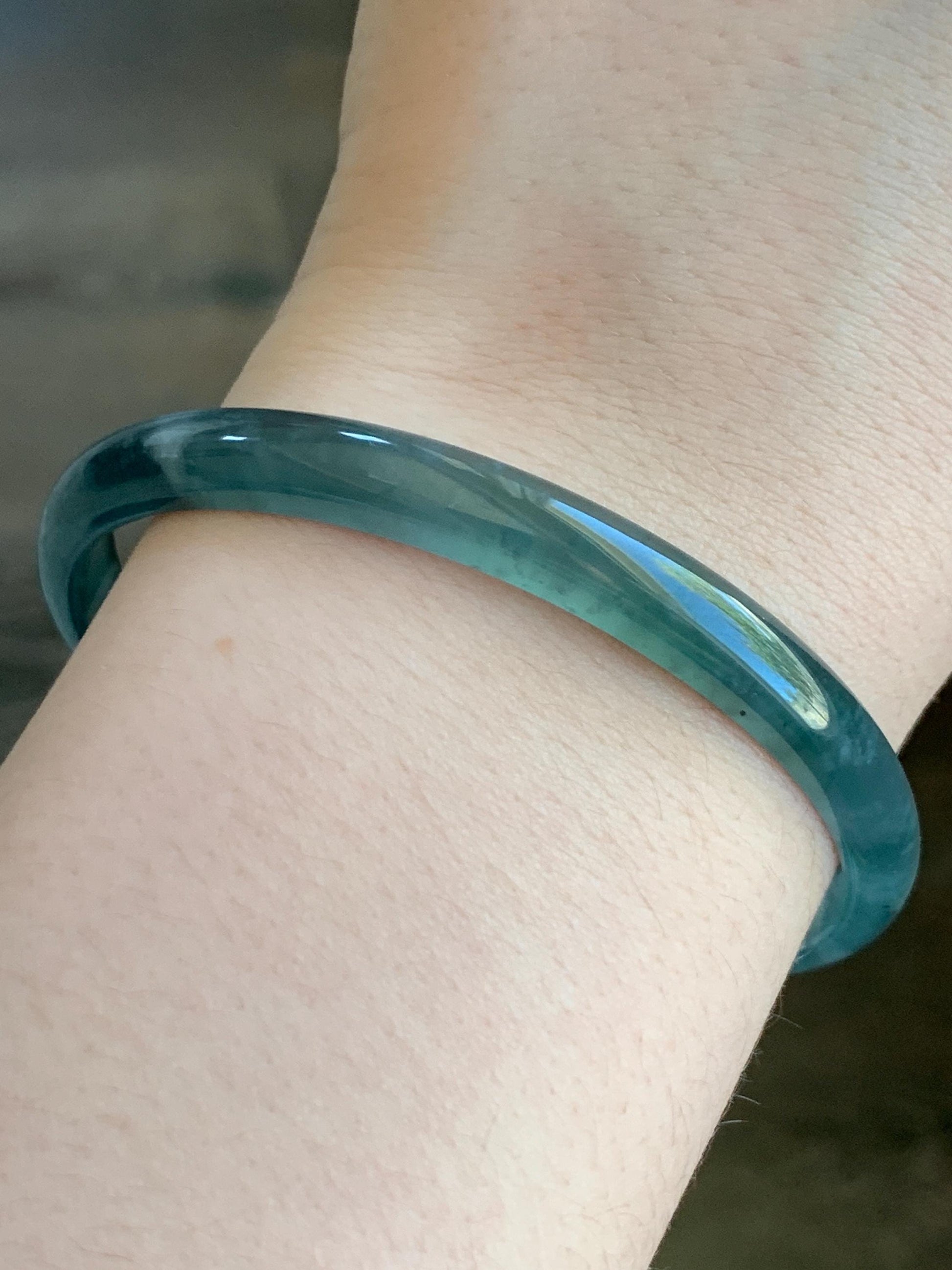 Certified Natural Grade A Guatemalan Icy Highly Translucent Gelatinous Teal Blue Jade Jadeite Slim Bangle 58.7mm 16.33g 天然老种冰胶危蓝翡翠细条手镯 1134