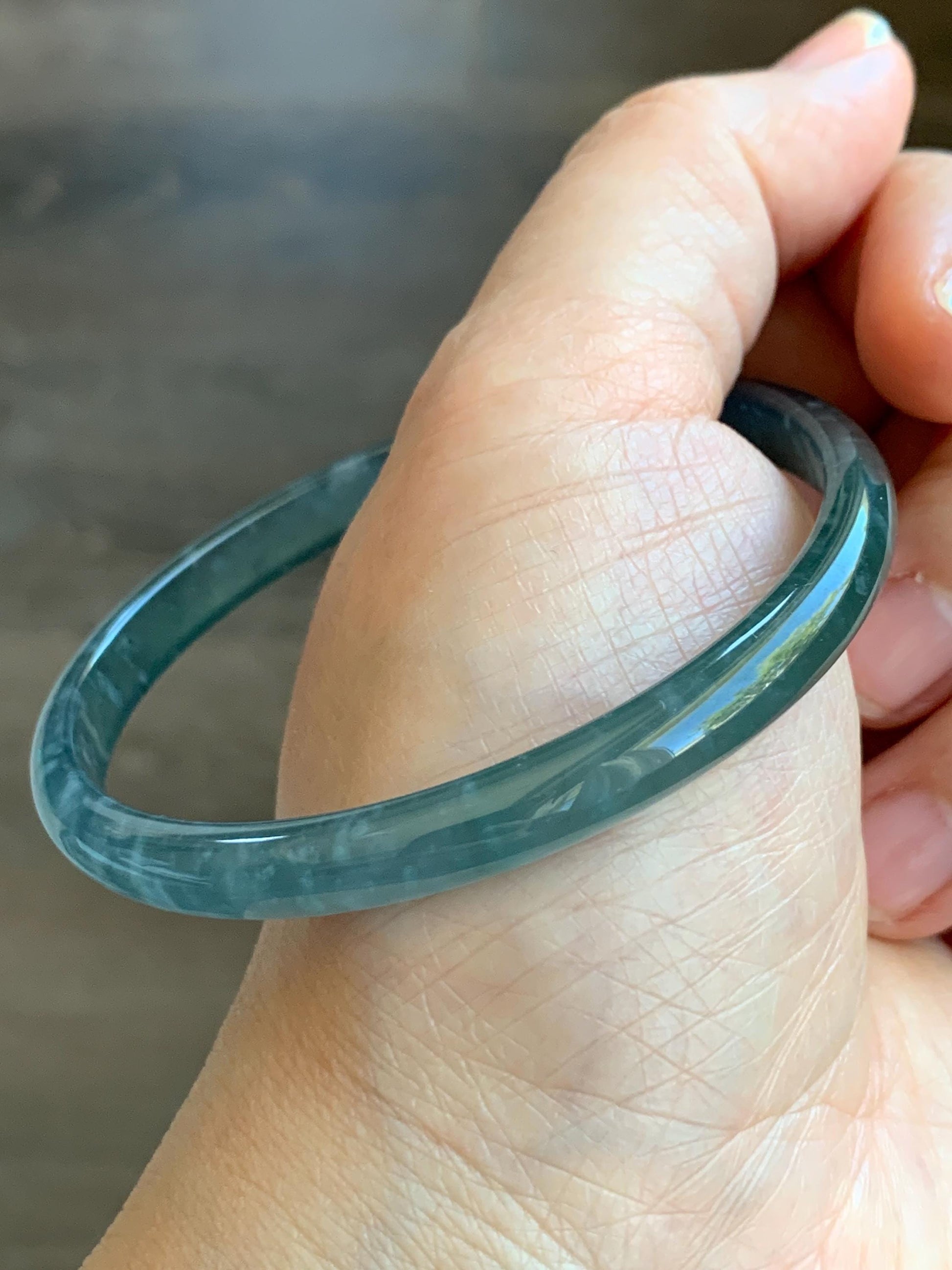 Certified Natural Grade A Guatemalan Icy Highly Translucent Gelatinous Teal Blue Jade Jadeite Slim Bangle 58.7mm 16.33g 天然老种冰胶危蓝翡翠细条手镯 1134