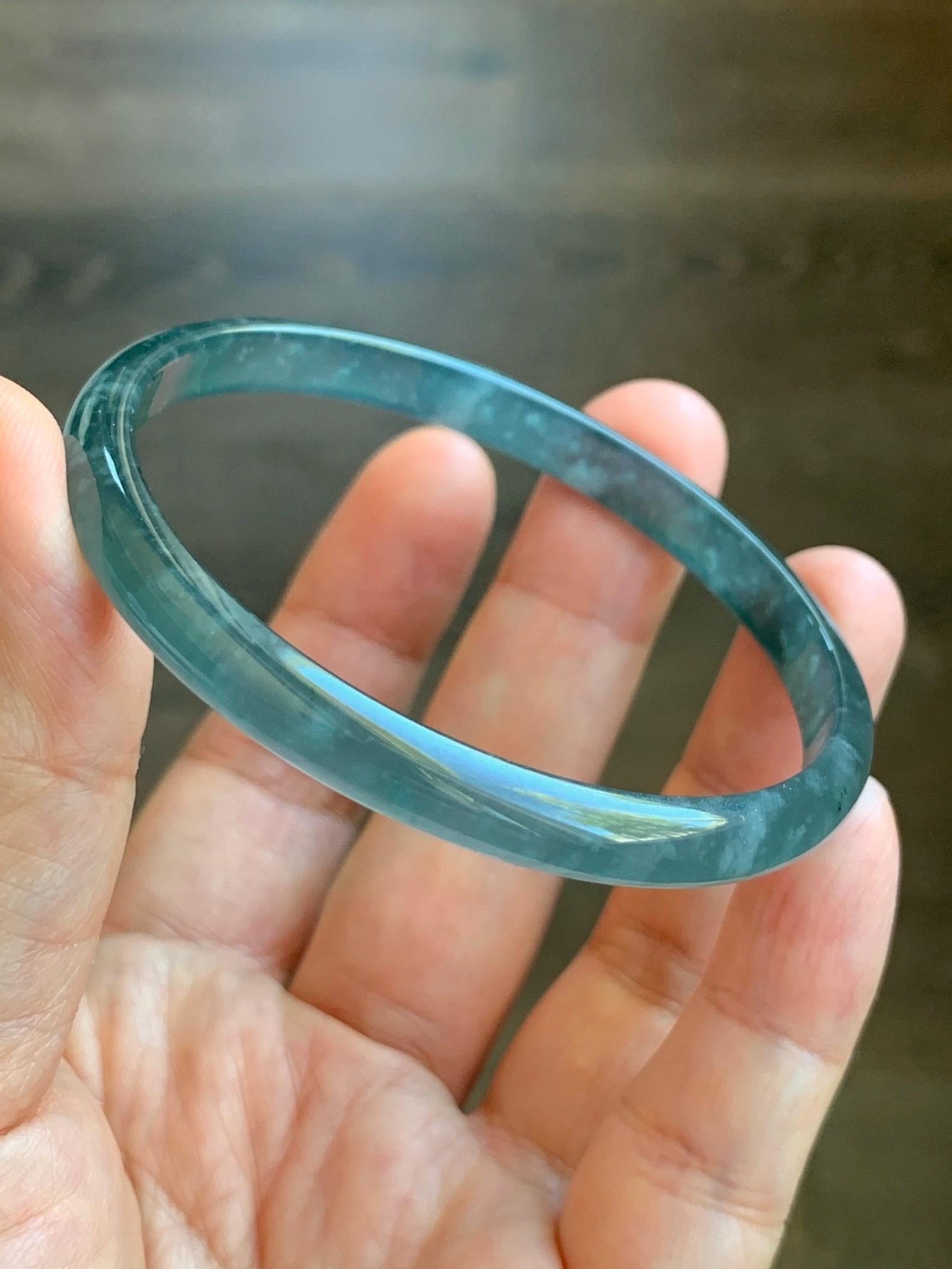 Certified Natural Grade A Guatemalan Icy Highly Translucent Gelatinous Teal Blue Jade Jadeite Slim Bangle 58.7mm 16.33g 天然老种冰胶危蓝翡翠细条手镯 1134
