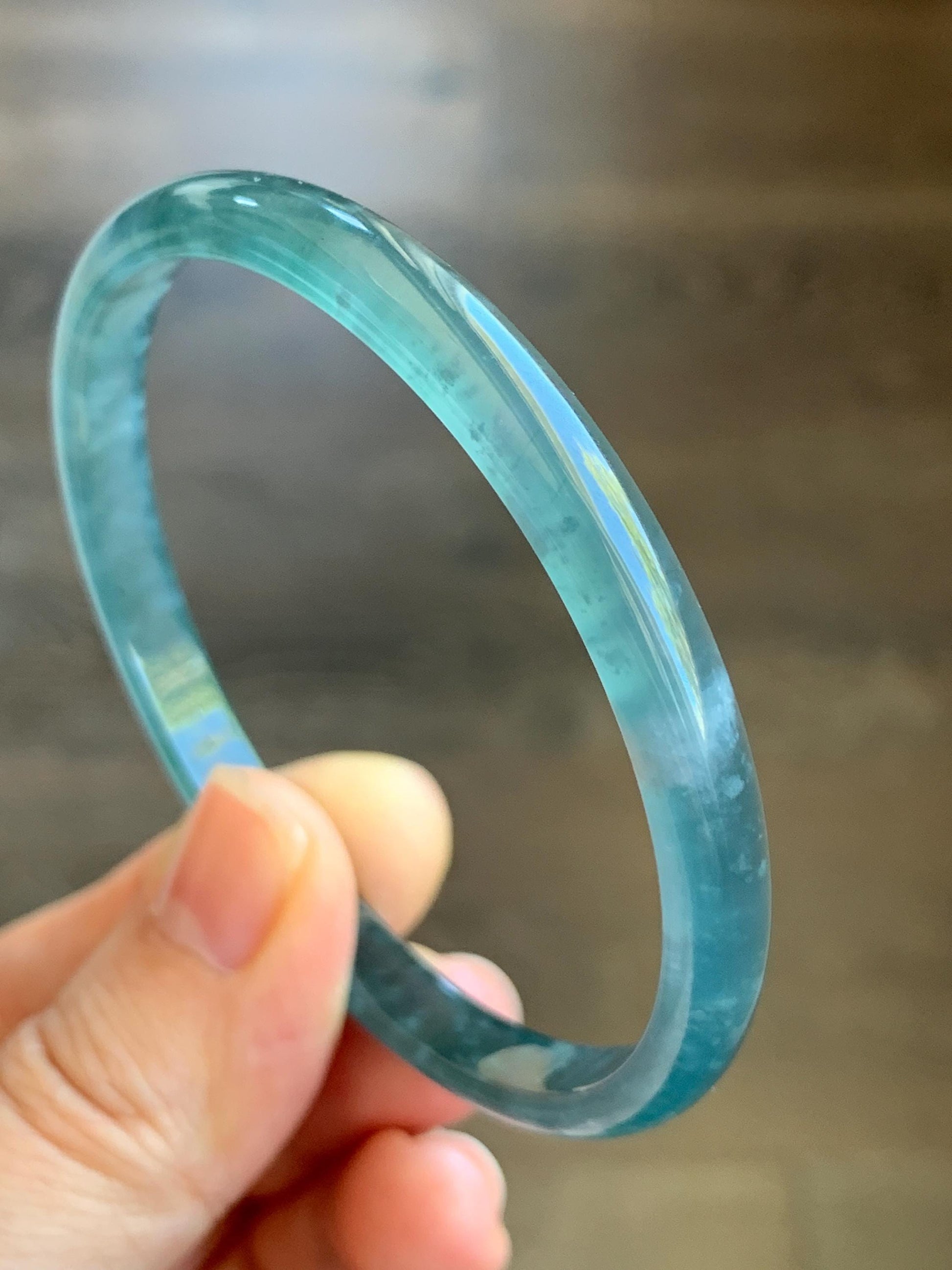 Certified Natural Grade A Guatemalan Icy Highly Translucent Gelatinous Teal Blue Jade Jadeite Slim Bangle 58.7mm 16.33g 天然老种冰胶危蓝翡翠细条手镯 1134