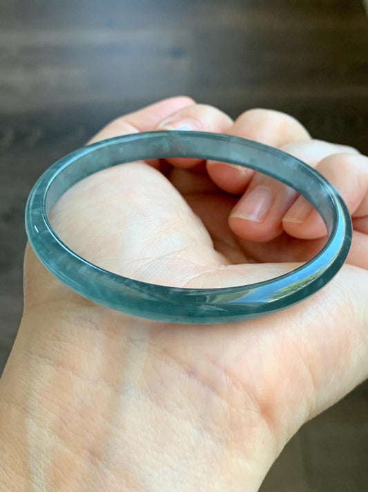 Certified Natural Grade A Guatemalan Icy Highly Translucent Gelatinous Teal Blue Jade Jadeite Slim Bangle 58.7mm 16.33g 天然老种冰胶危蓝翡翠细条手镯 1134