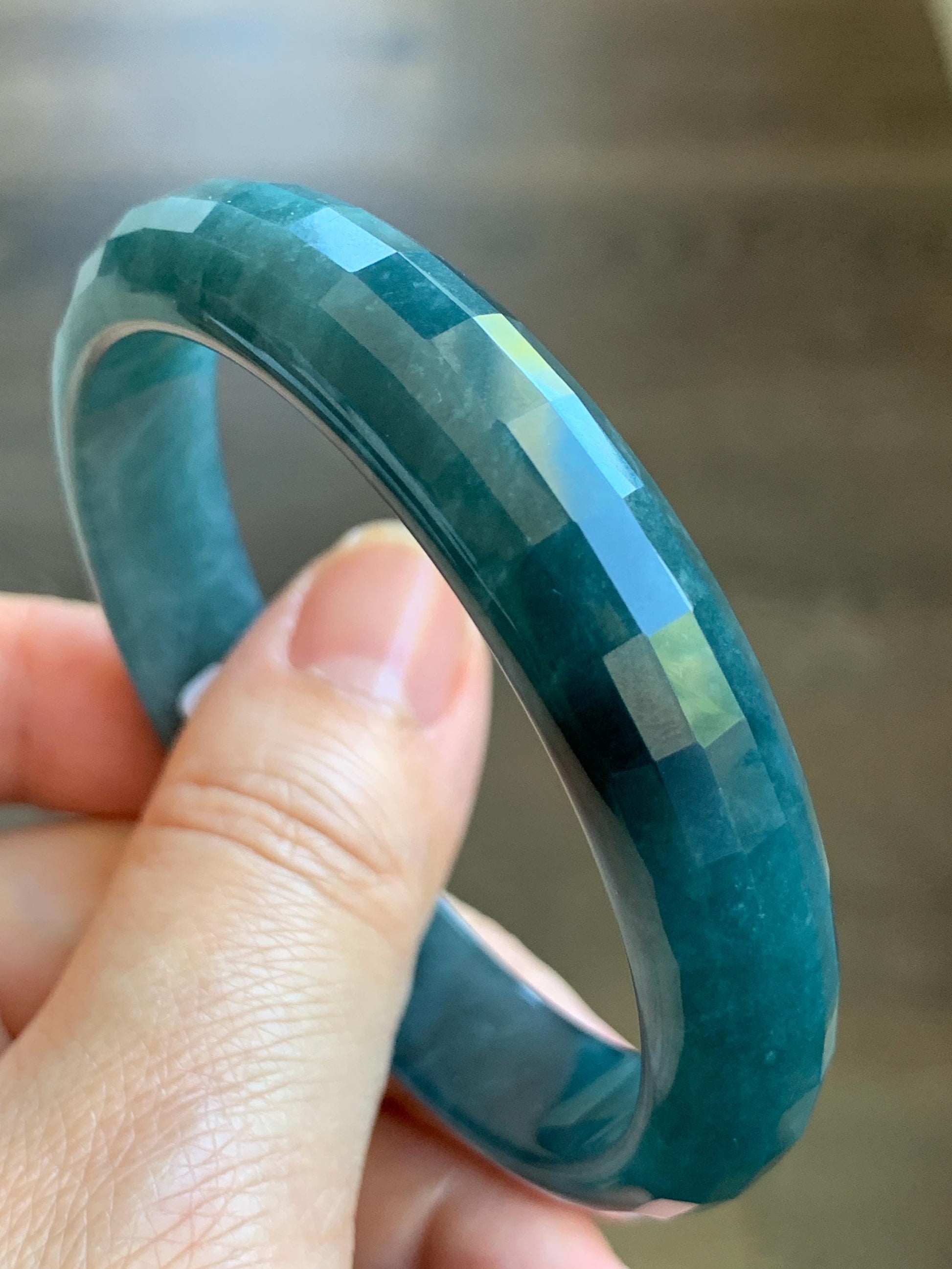 Certified Natural Grade A Guatemalan Icy Translucent Dark Blue Jade Jadeite Faceted Bangle 56mm 11.6x6.5mm 41.77g 天然老种冰危深蓝翡翠正圈切割面手镯 1353