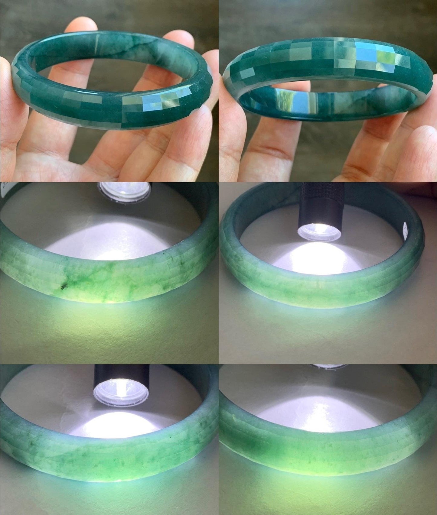Certified Natural Grade A Guatemalan Icy Translucent Dark Blue Jade Jadeite Faceted Bangle 56.8mm 38.5mm 11.8x5.8mm 天然老种冰危深蓝绿翡翠正圈切割面手镯 1355