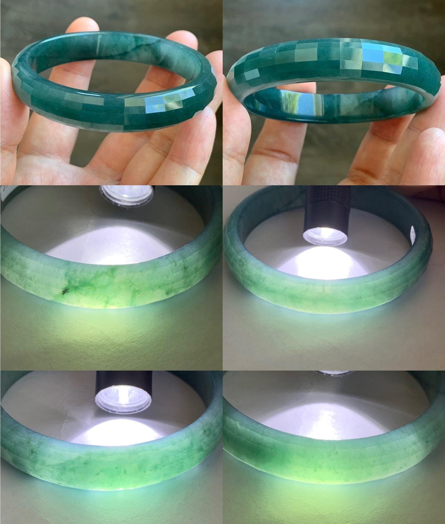 Certified Natural Grade A Guatemalan Icy Translucent Dark Blue Jade Jadeite Faceted Bangle 56.8mm 38.5mm 11.8x5.8mm 天然老种冰危深蓝绿翡翠正圈切割面手镯 1355