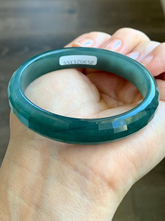Certified Natural Grade A Guatemalan Icy Translucent Dark Blue Jade Jadeite Faceted Bangle 56.8mm 38.5mm 11.8x5.8mm 天然老种冰危深蓝绿翡翠正圈切割面手镯 1355